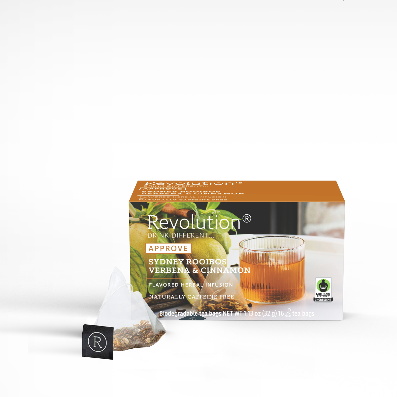 Approve tea box with Sydney rooibos, verbena, and cinnamon blend and a clear cup.