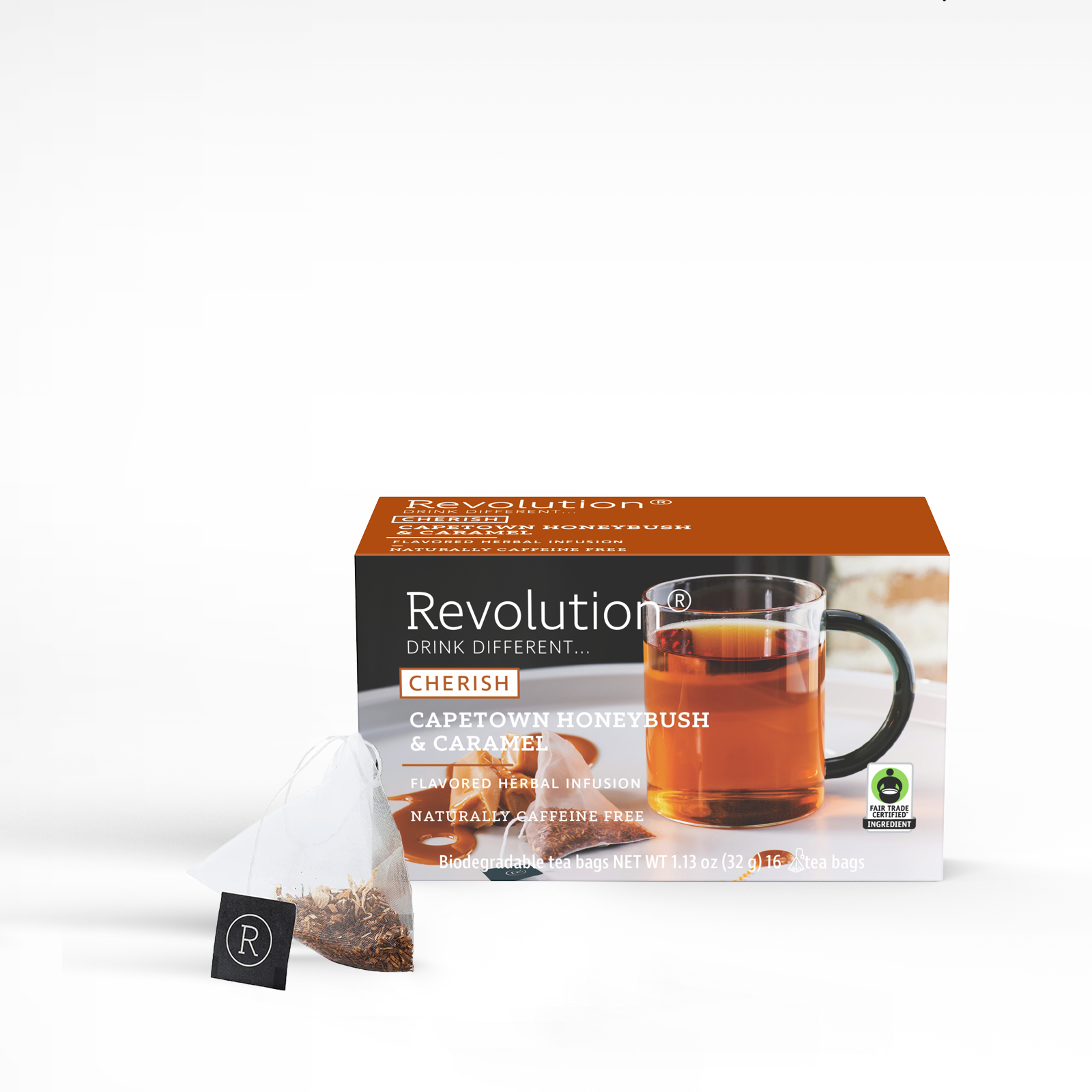 Cherish tea box with Capetown honeybush and caramel blend alongside a clear cup.