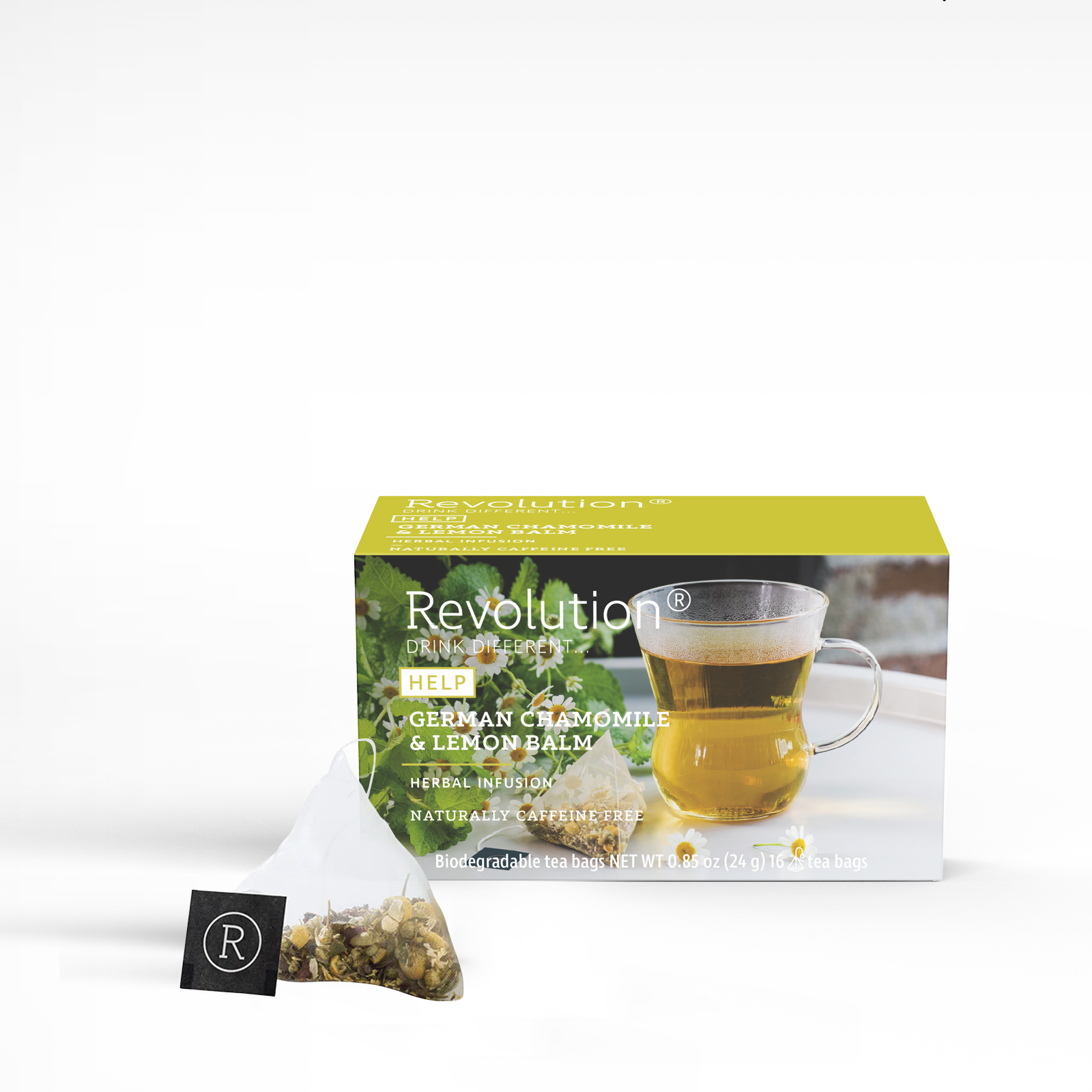 Help tea box with German chamomile and lemon balm blend alongside a clear cup of tea.