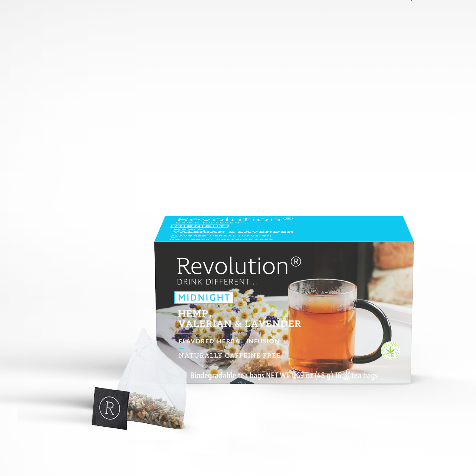 Midnight tea box with hemp, valerian, and lavender blend alongside a clear cup of tea.