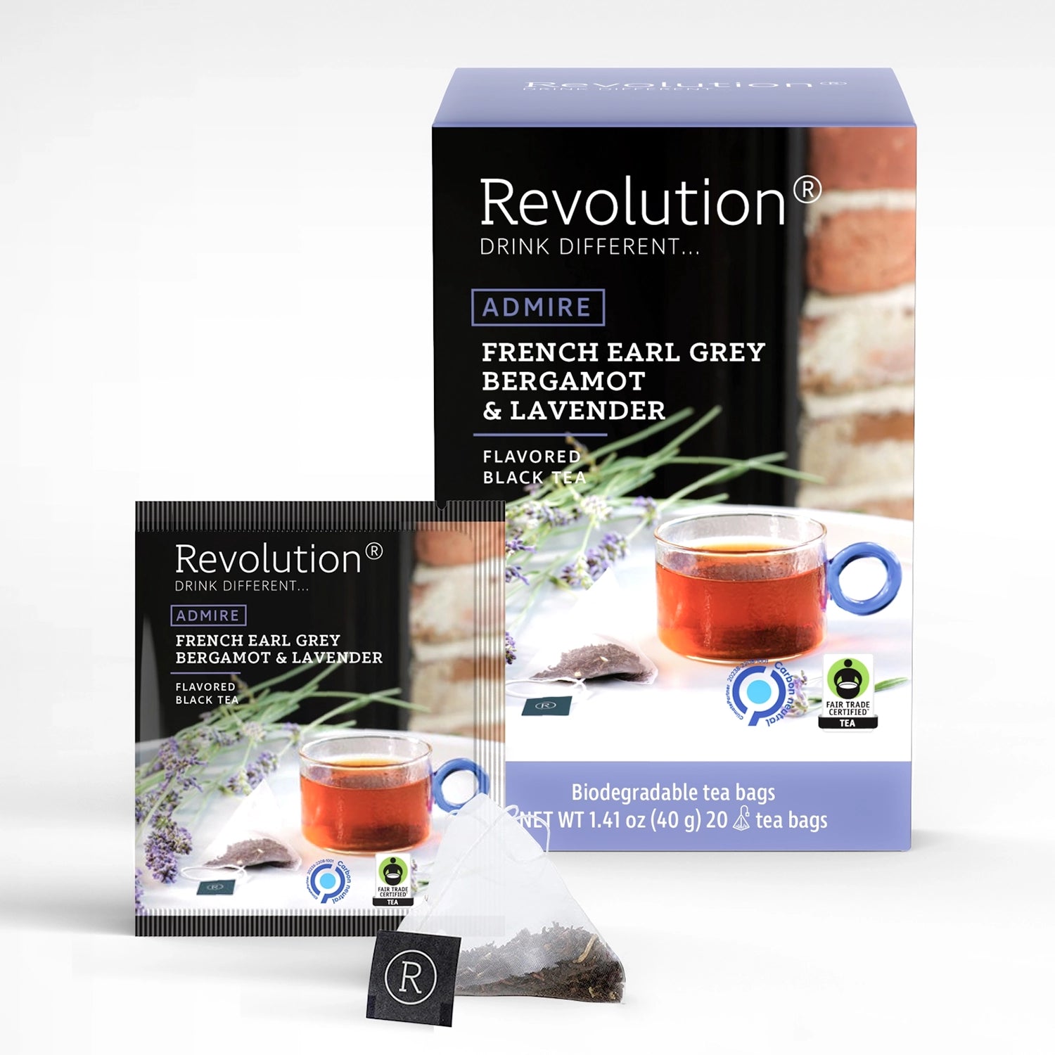 Revolution tea packaging for French Earl Grey Bergamot and Lavender, featuring tea and herbs.