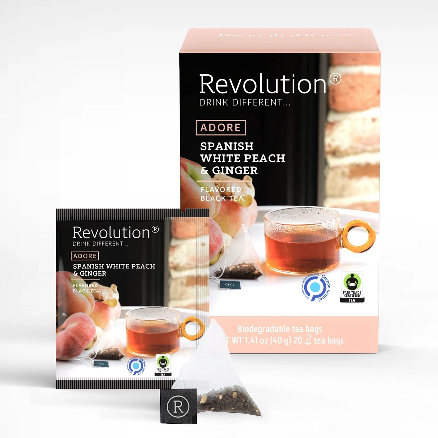 Revolution tea package for Spanish White Peach and Ginger with tea and fruit imagery.