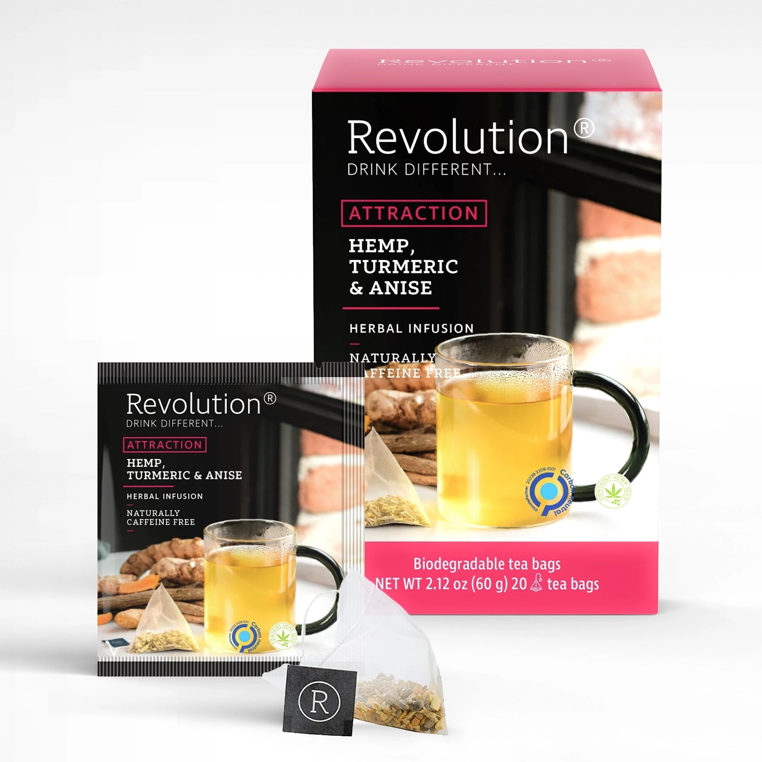 Revolution tea packaging for Hemp, Turmeric and Anise, with a cup of yellow tea.