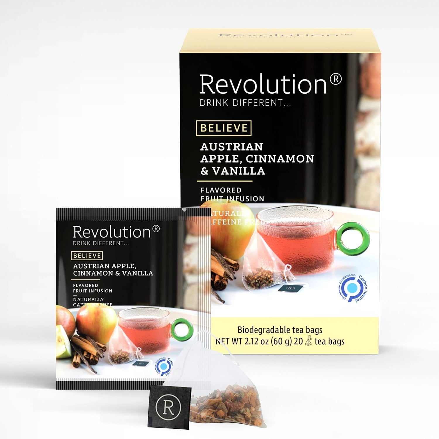 Revolution tea package for Austrian Apple, Cinnamon and Vanilla with tea and apple slices.