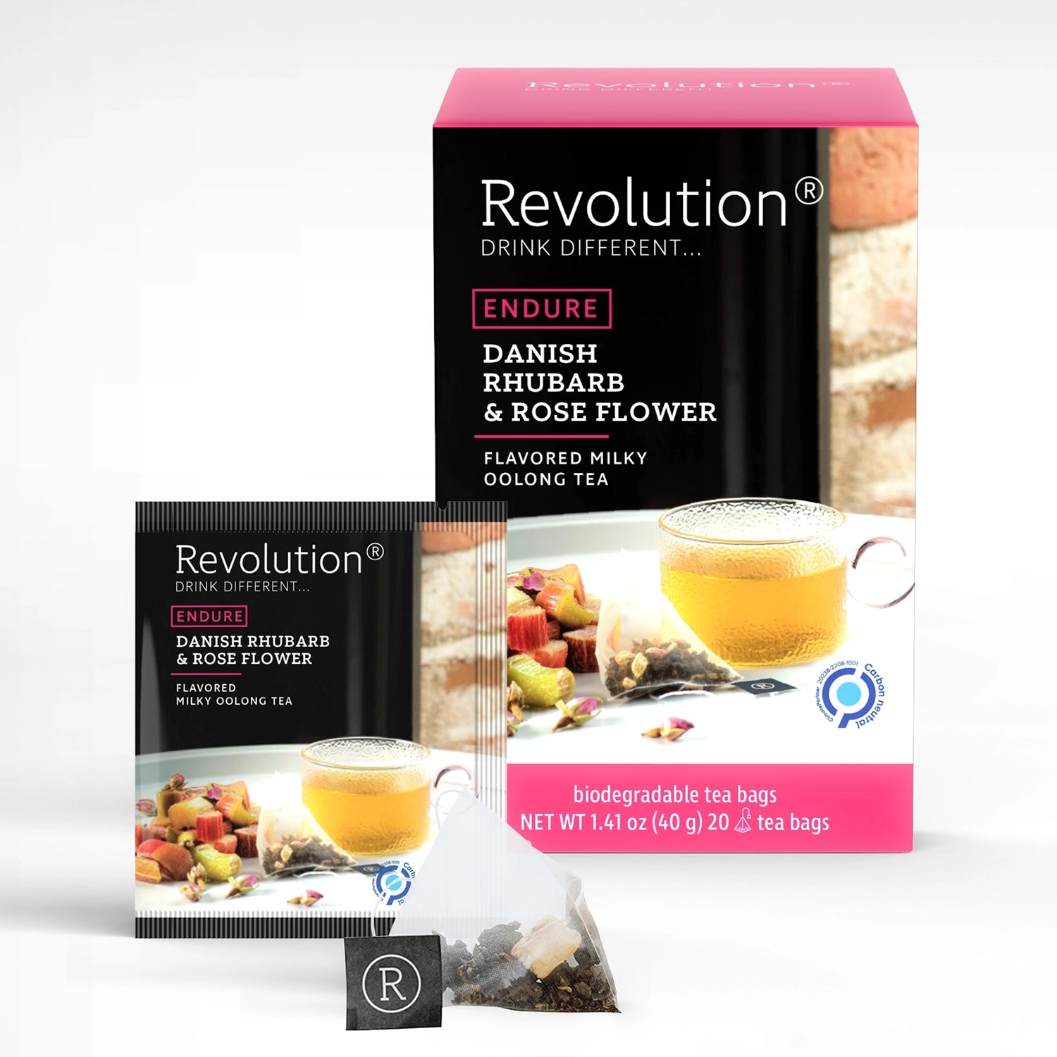 Packet and box of Endure Danish Rhubarb & Rose Flower oolong tea with rose and a cup. 20 tea bags.