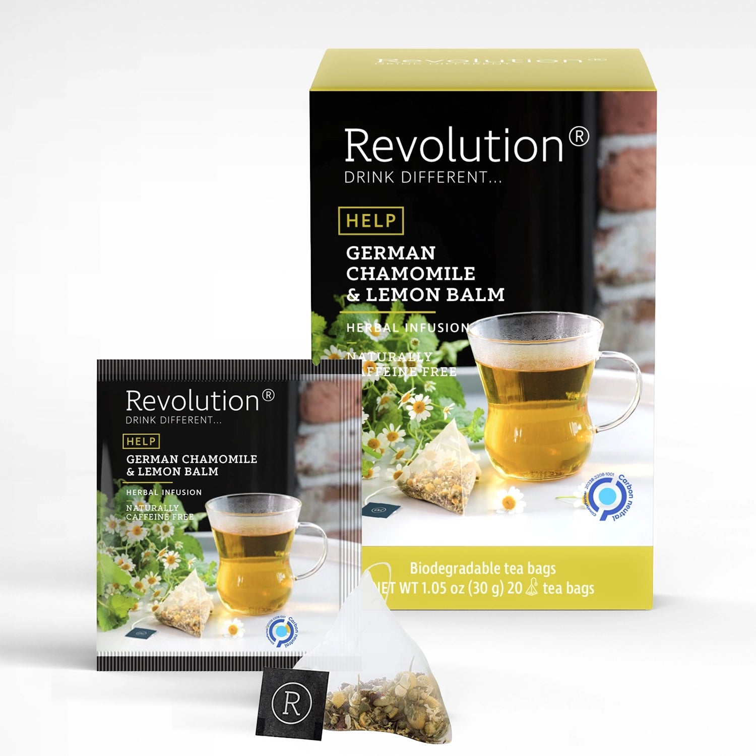 Packet and box of Help German Chamomile & Lemon Balm herbal infusion with chamomile and a cup.