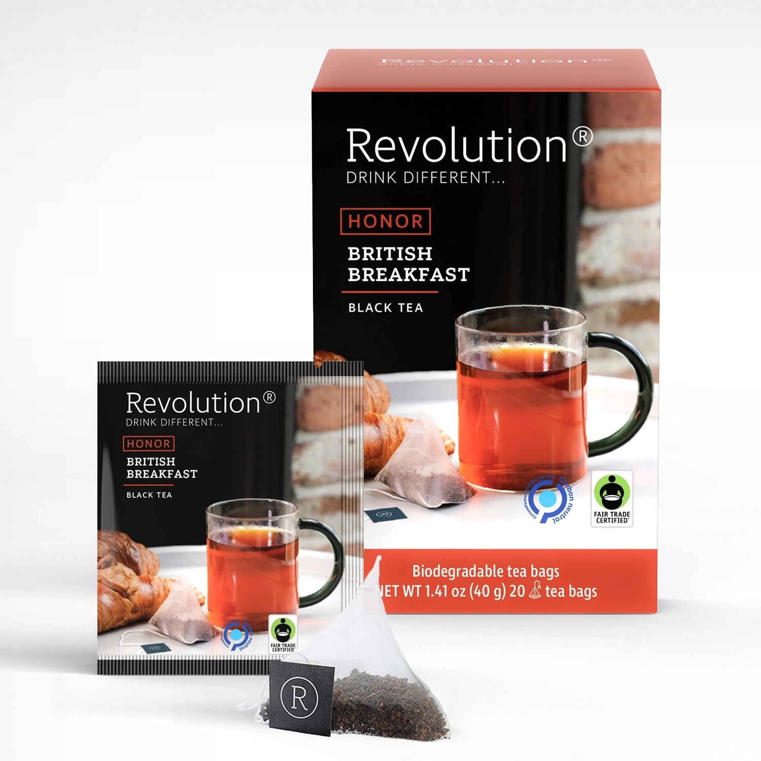 Packet and box of Honor British Breakfast black tea with a croissant and tea cup. 20 tea bags.