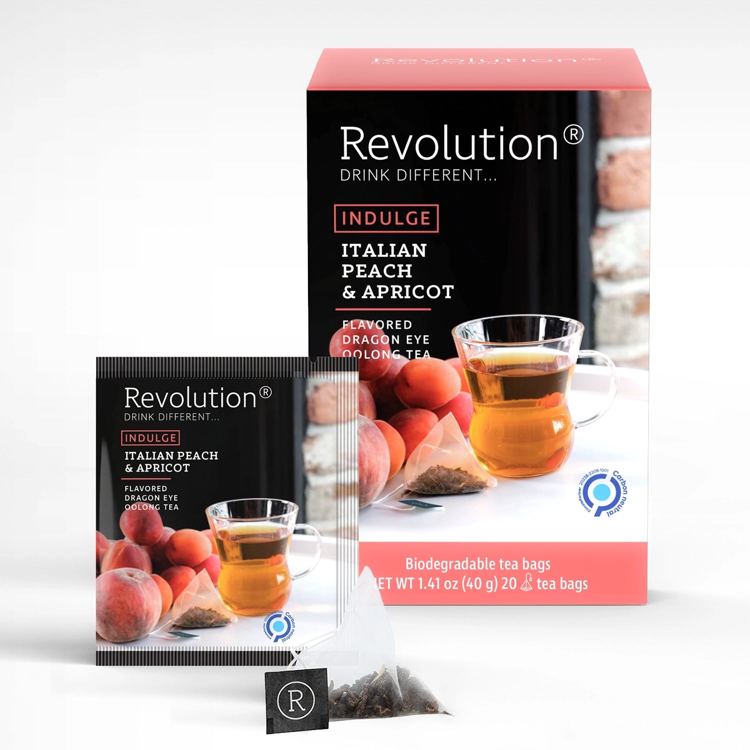 Packet and box of Indulge Italian Peach & Apricot flavored oolong tea with peach and a tea cup.