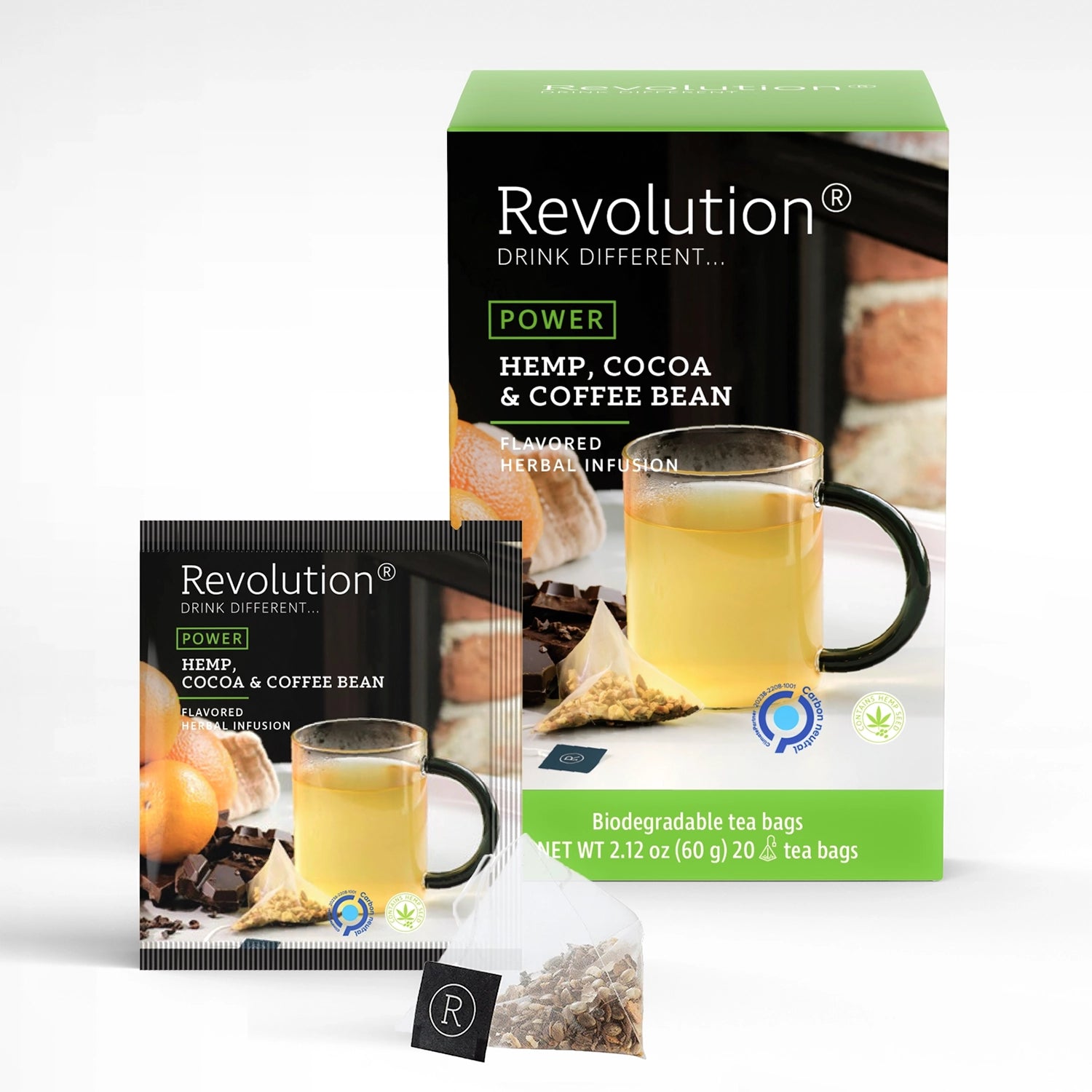 Box of Hemp, Cocoa & Coffee Bean tea with a teacup and tea bag displayed.