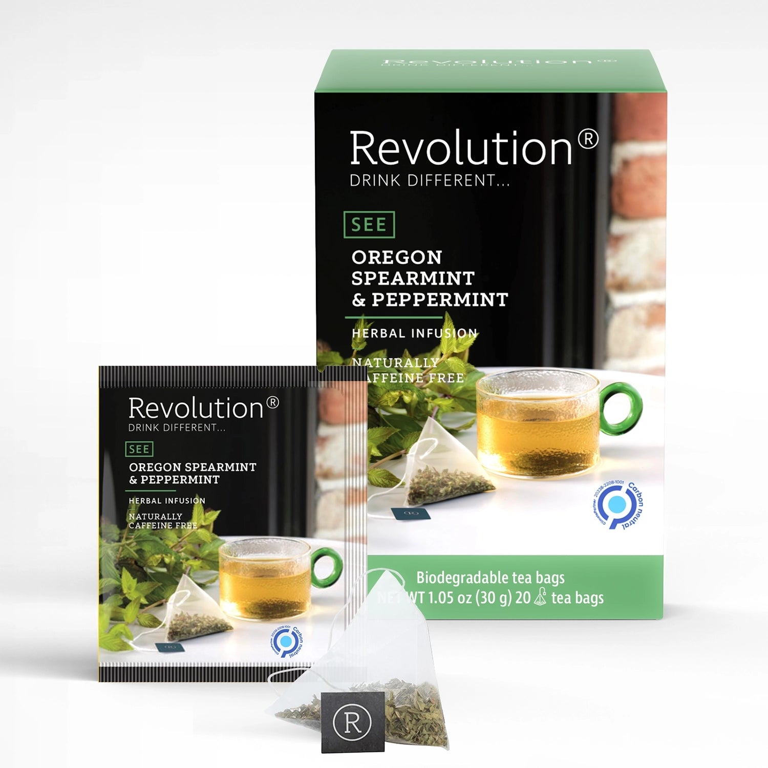Box of Oregon Spearmint & Peppermint tea with a teacup and tea bag.