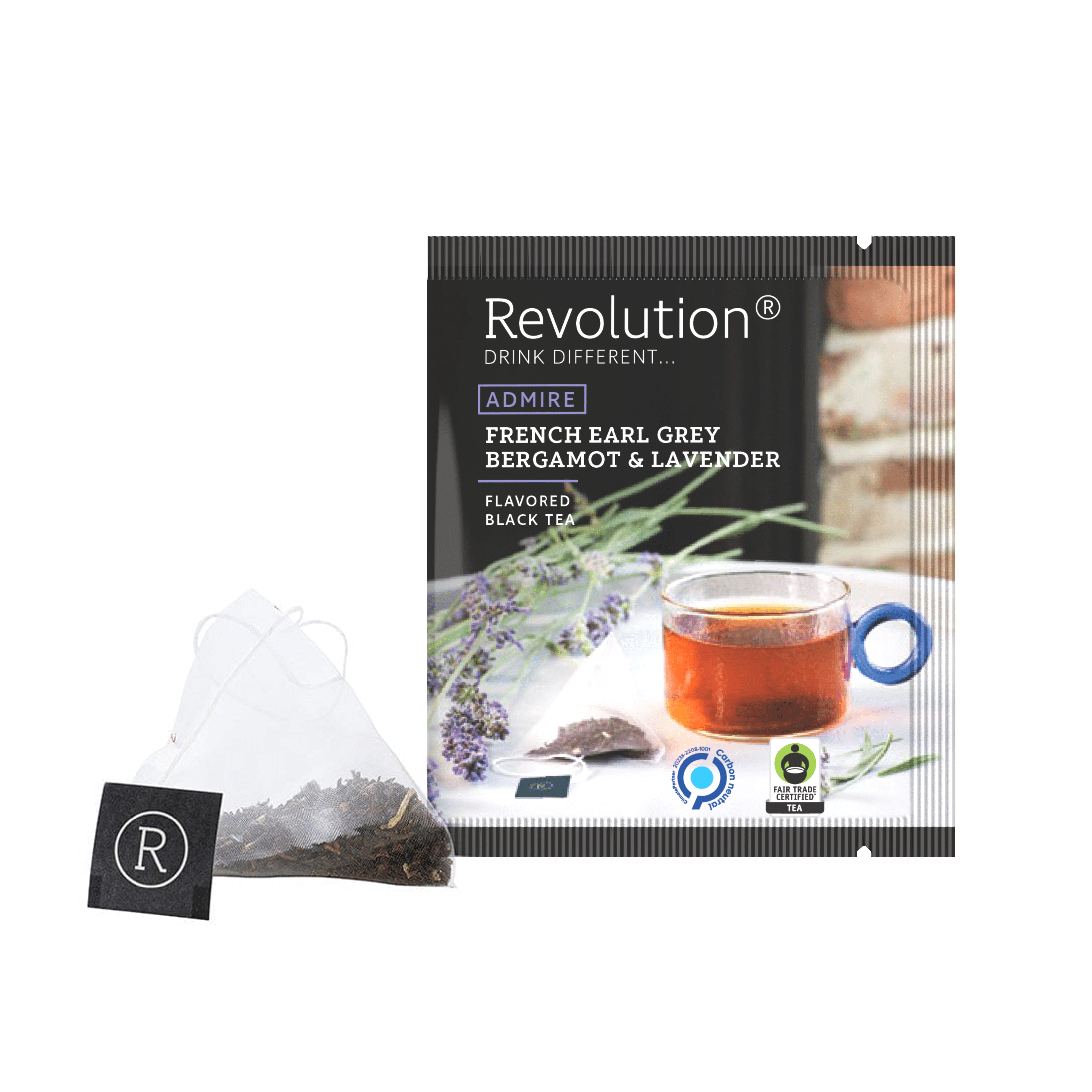 French Earl Grey Bergamot & Lavender tea box with lavender and a glass cup.