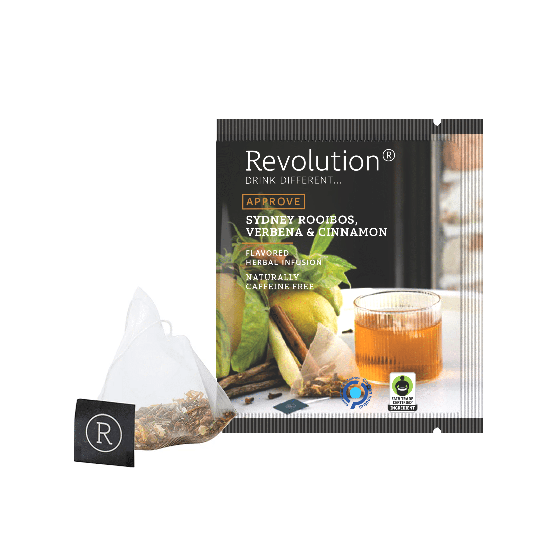 Sydney Rooibos, Verbena & Cinnamon tea packet and bag with cinnamon sticks and fruit.