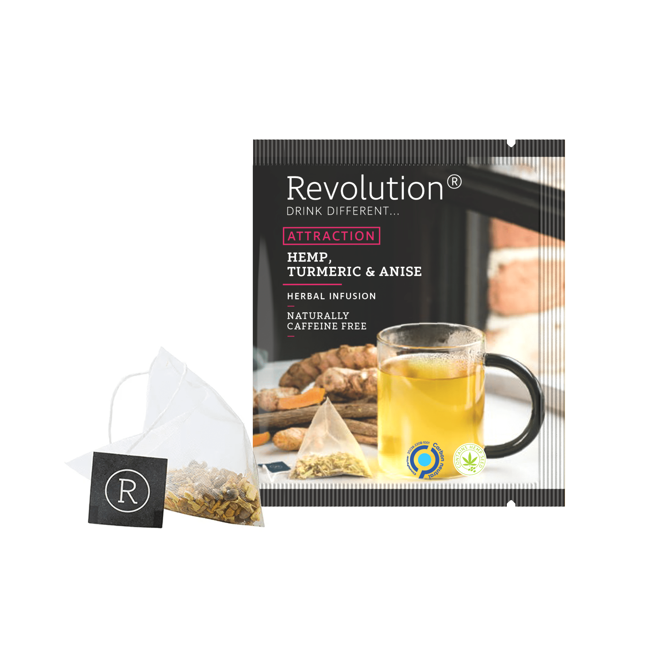 Hemp, Turmeric & Anise tea packet with herbs, wooden beads, and pyramid bag.