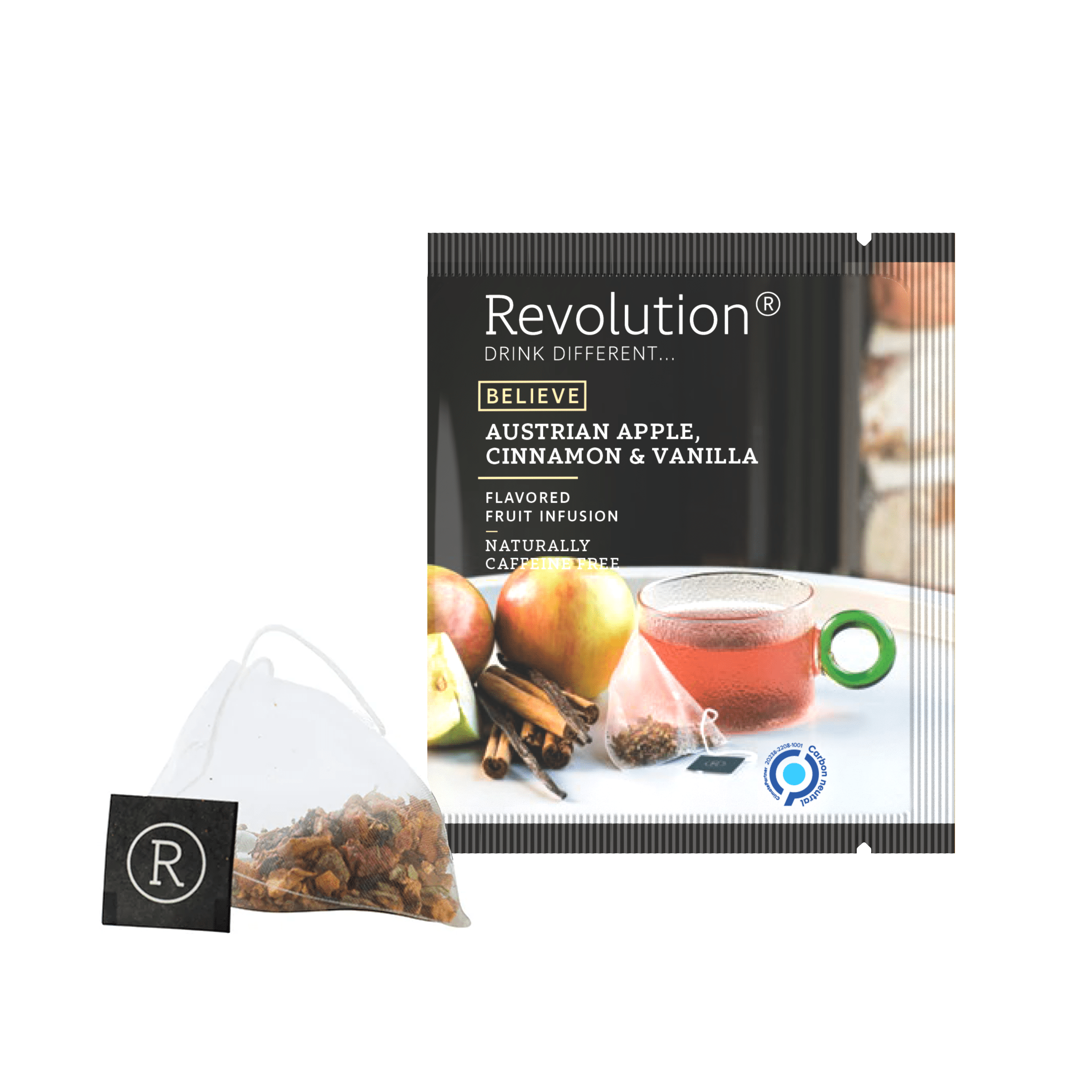 Austrian Apple, Cinnamon & Vanilla tea packet with apples and cinnamon sticks.