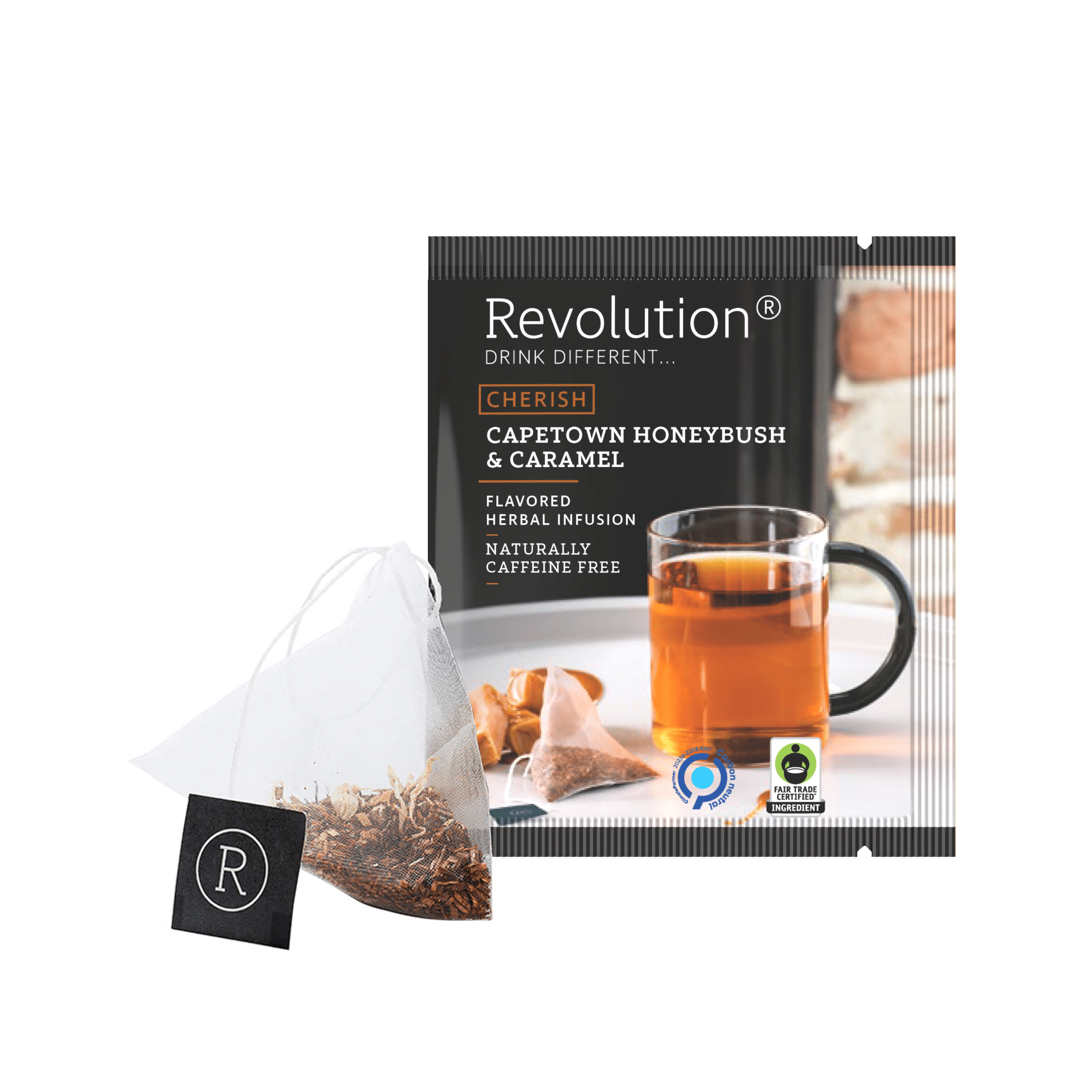 Capetown Honeybush & Caramel tea packet with herbal infusion and caramel pieces.
