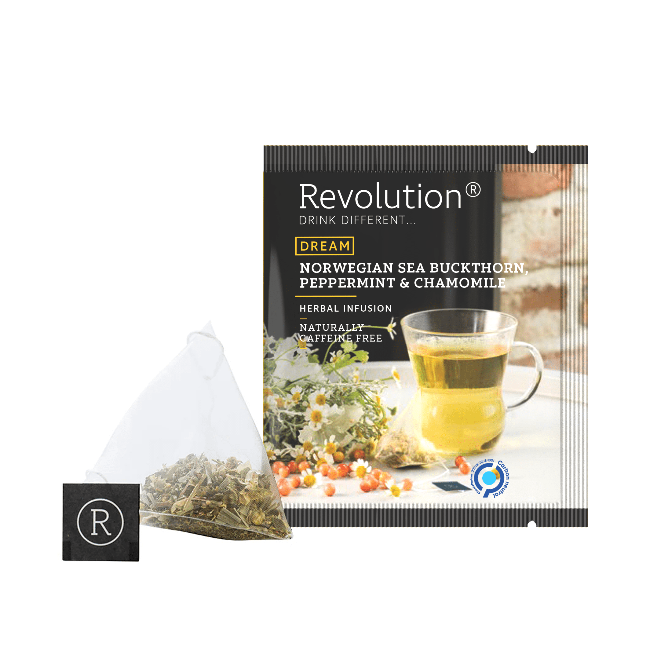 Norwegian Sea Buckthorn, Peppermint & Chamomile tea packet with flowers and glass cup.