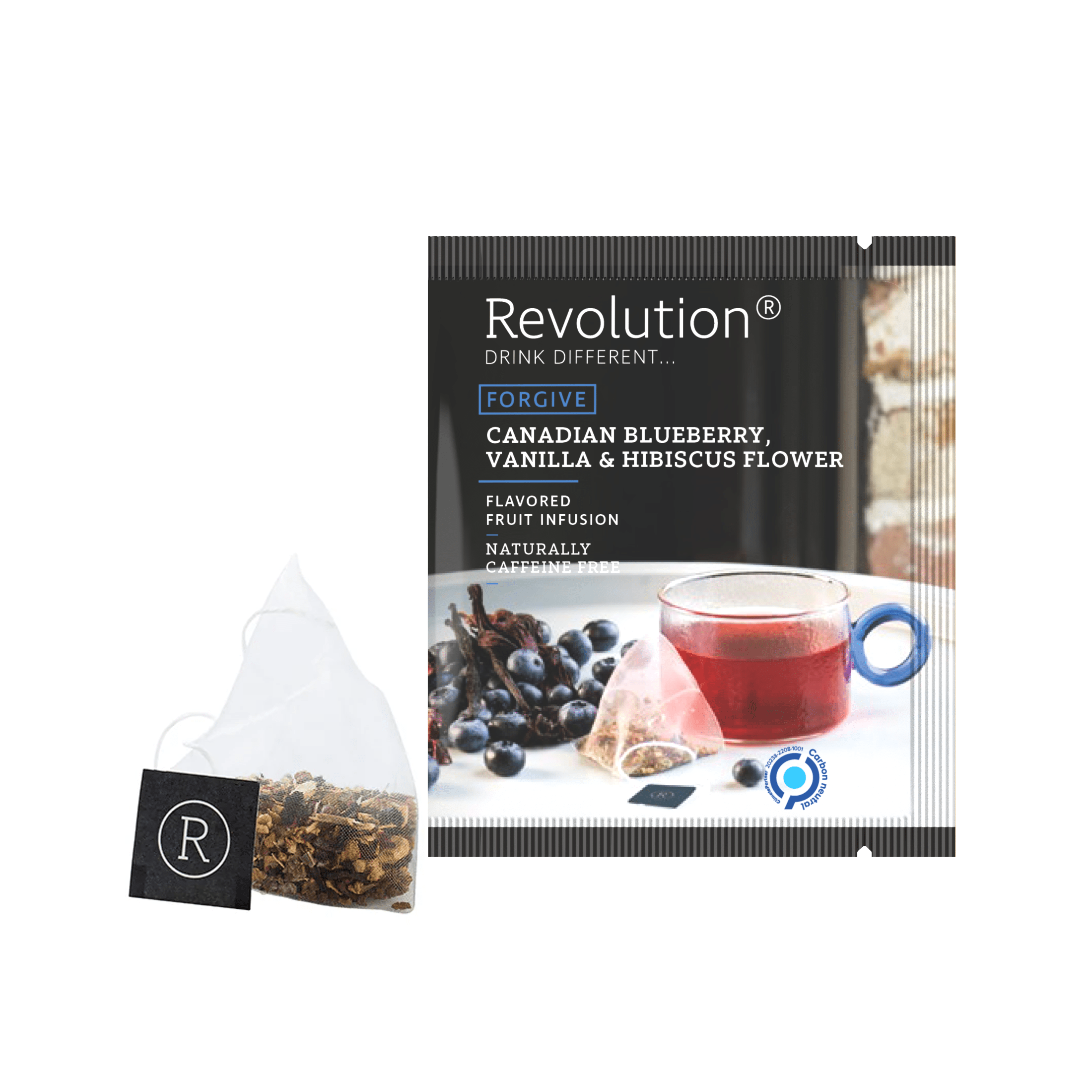 Tea bag and box with Canadian Blueberry, Vanilla & Hibiscus Flower tea.