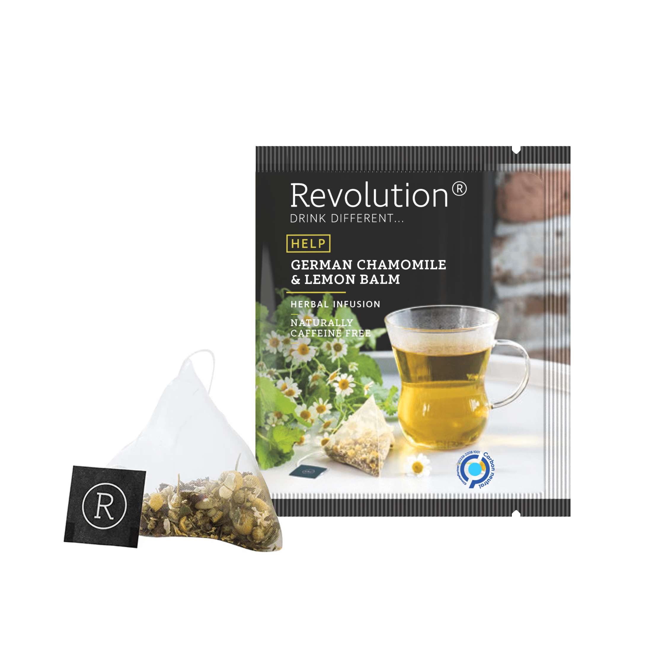 Tea bag and box with German Chamomile & Lemon Balm herbal infusion.