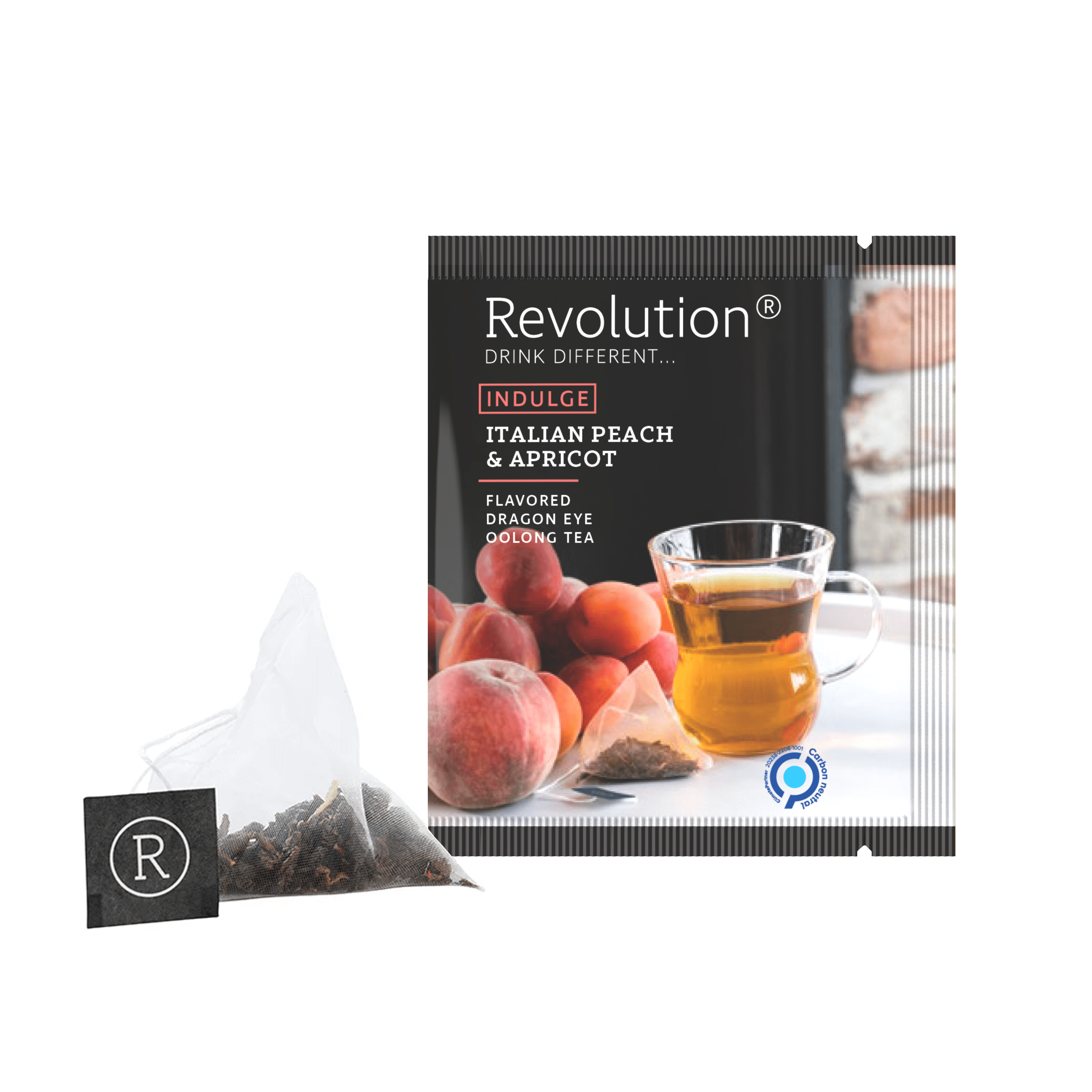 Tea bag and box with Italian Peach & Apricot oolong tea next to peaches.