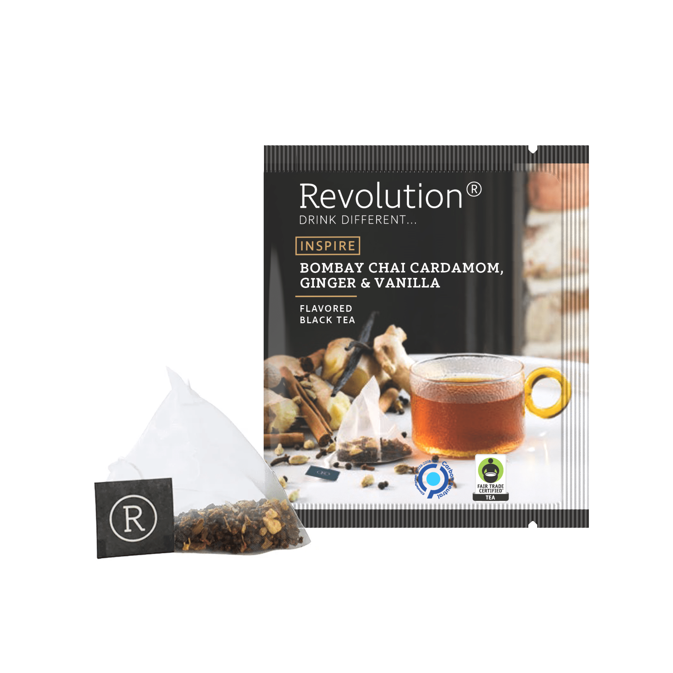Tea bag and box featuring Bombay Chai Cardamom, Ginger & Vanilla black tea.