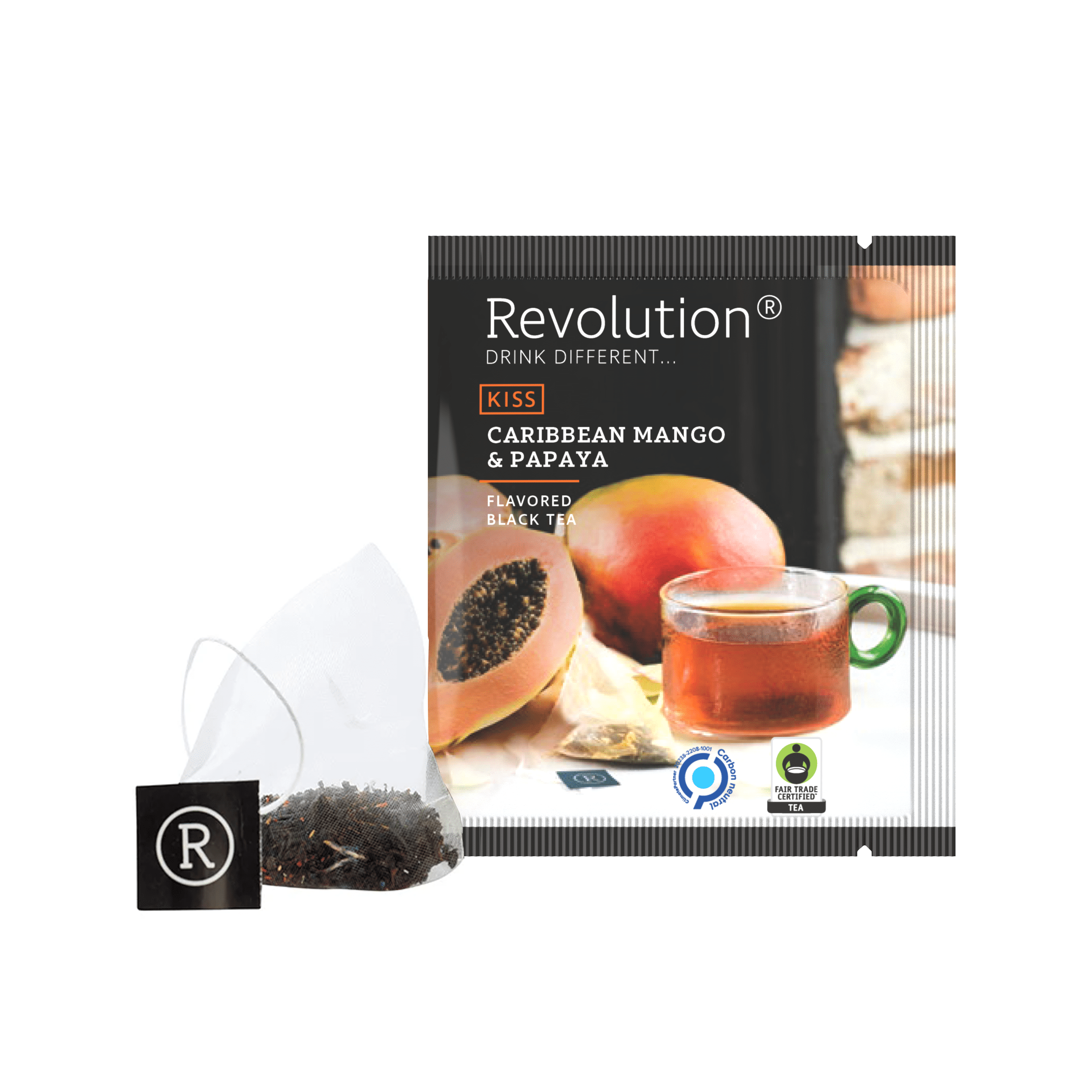 Tea bag and box with Caribbean Mango & Papaya black tea beside a mango.