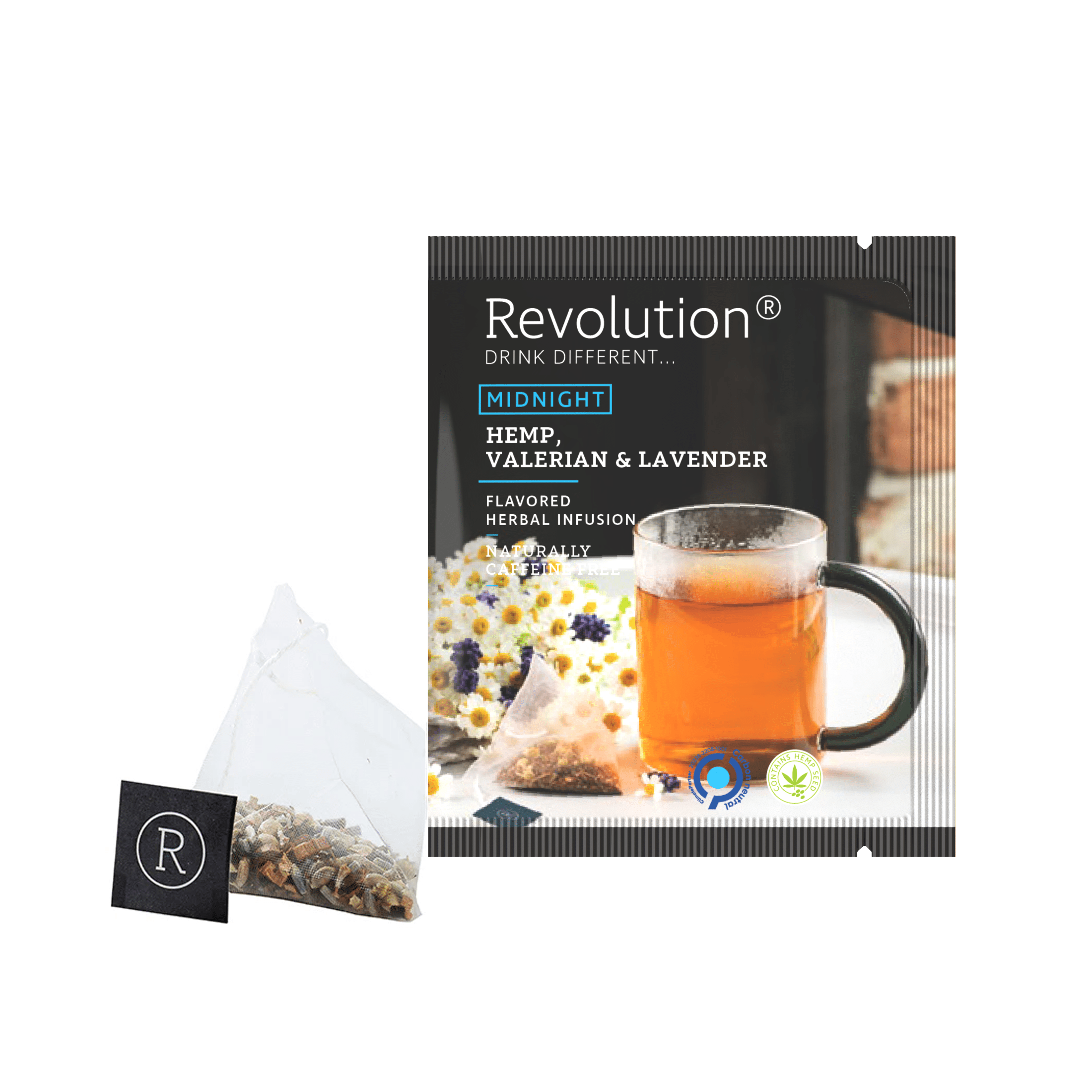 Tea bag and box with Hemp, Valerian & Lavender herbal infusion.