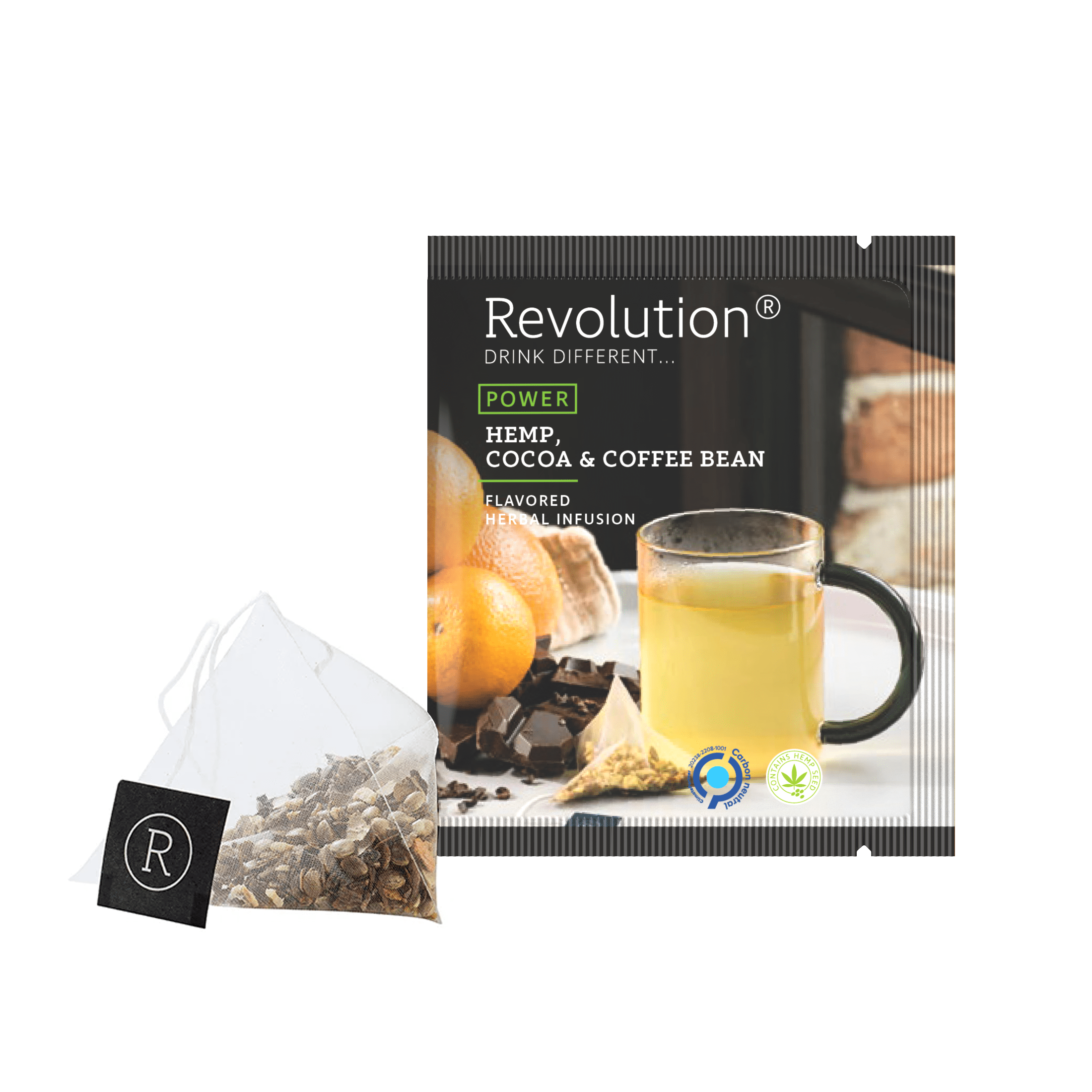 Tea bag and box with Hemp, Cocoa & Coffee Bean herbal infusion.
