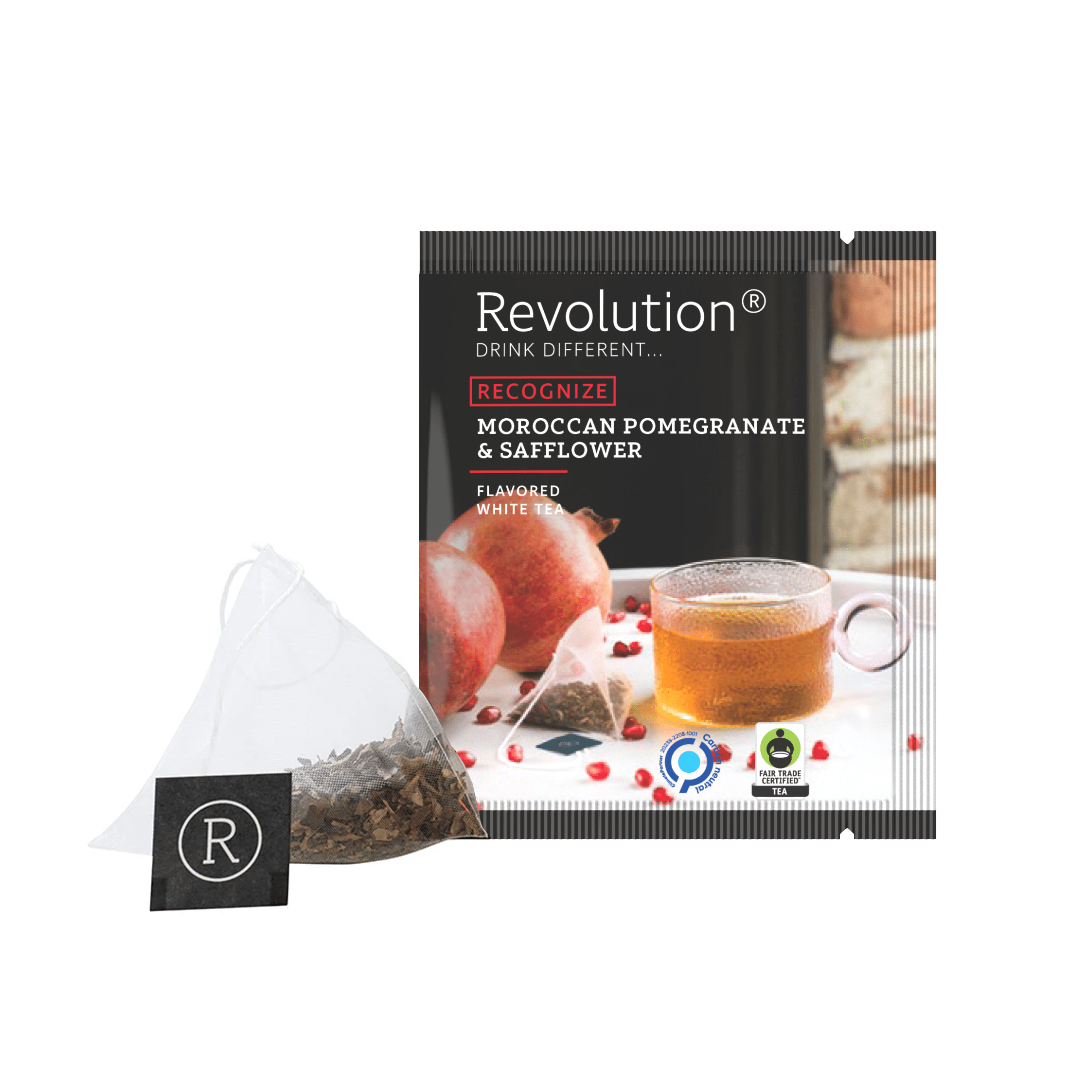 Tea bag and box with Moroccan Pomegranate & Safflower white tea.
