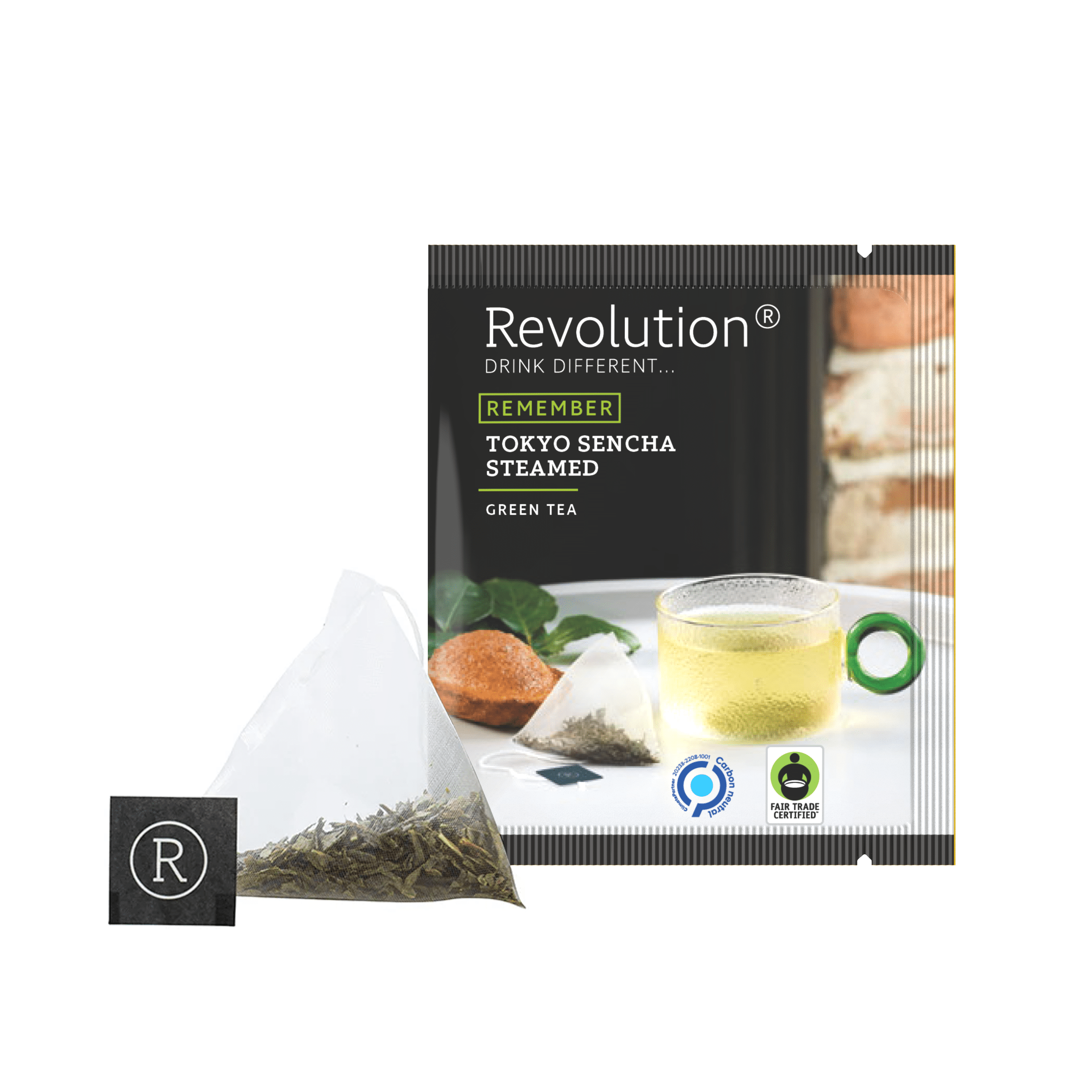 Tokyo Sencha Steamed green tea packet with tea bag, brew, and icons.