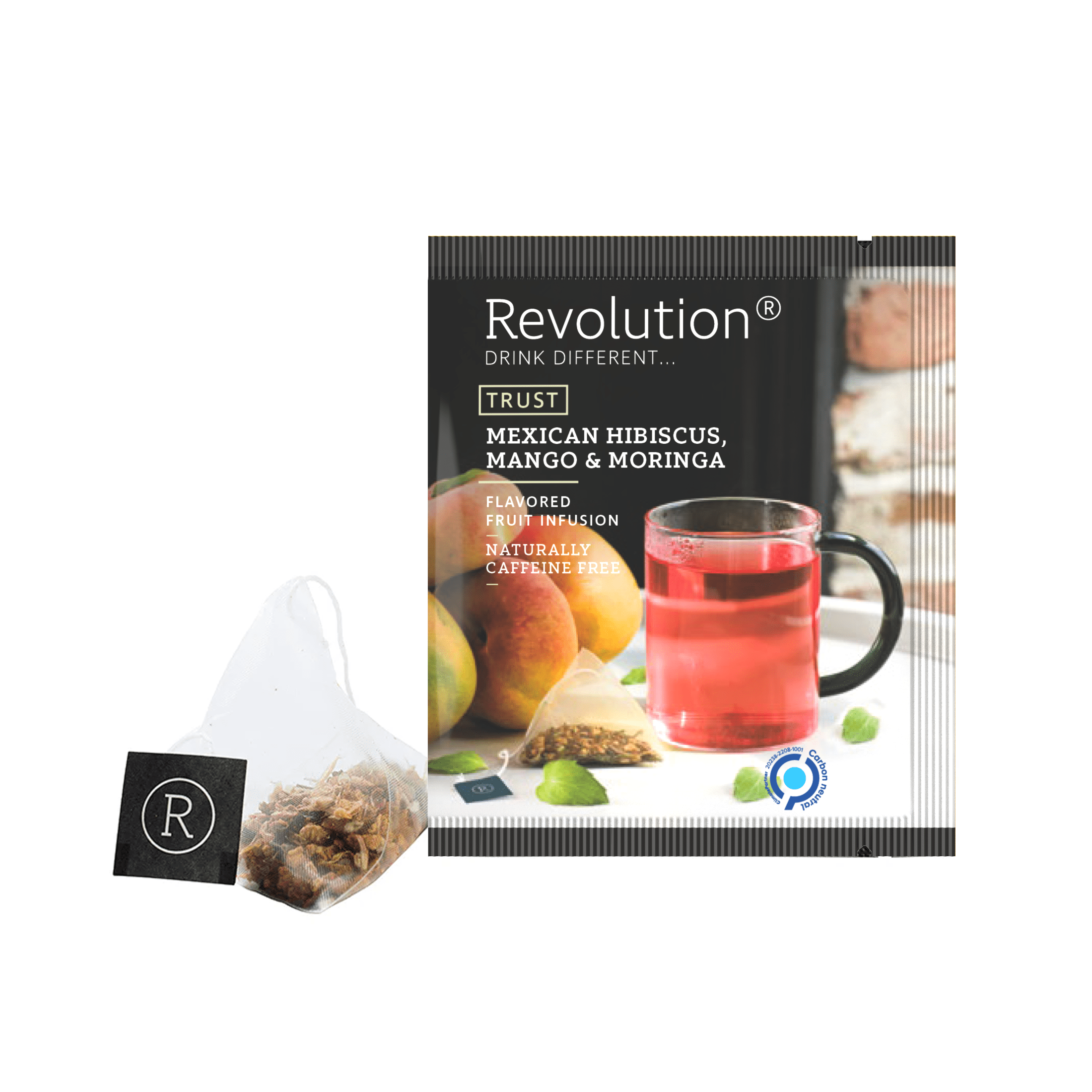Mexican Hibiscus, Mango & Moringa packet with pyramid tea bag and brewed tea.