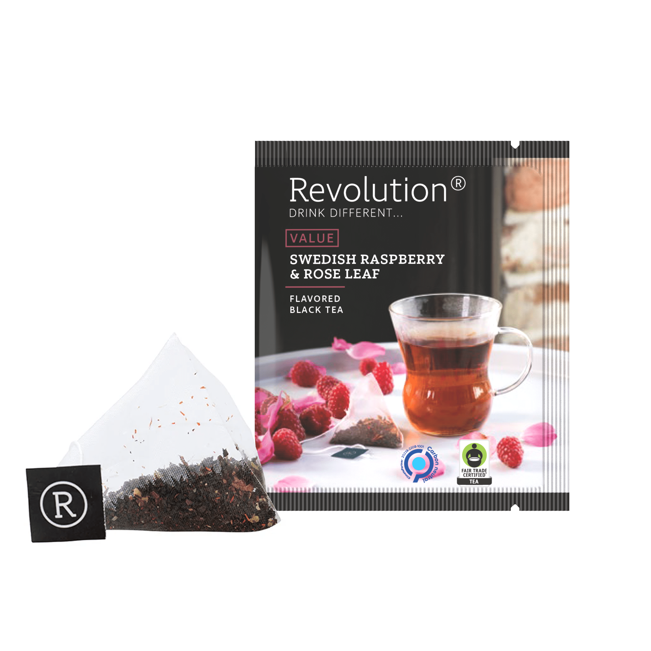 Swedish Raspberry & Rose Leaf black tea packet with loose tea and drink.
