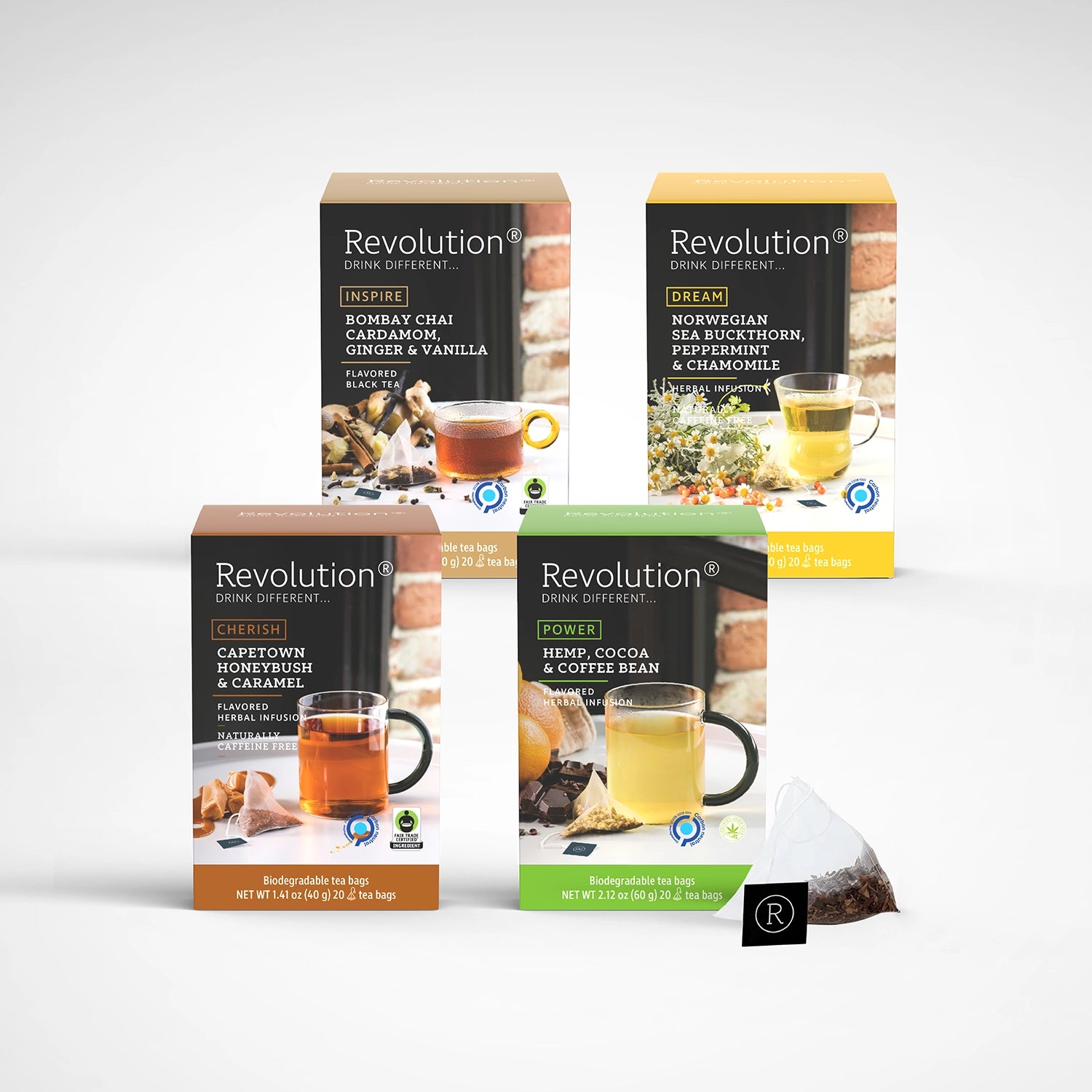 Five tea boxes in various colors and flavors like Cocoa Coffee Bean and Cardamom Ginger, with a tea bag.