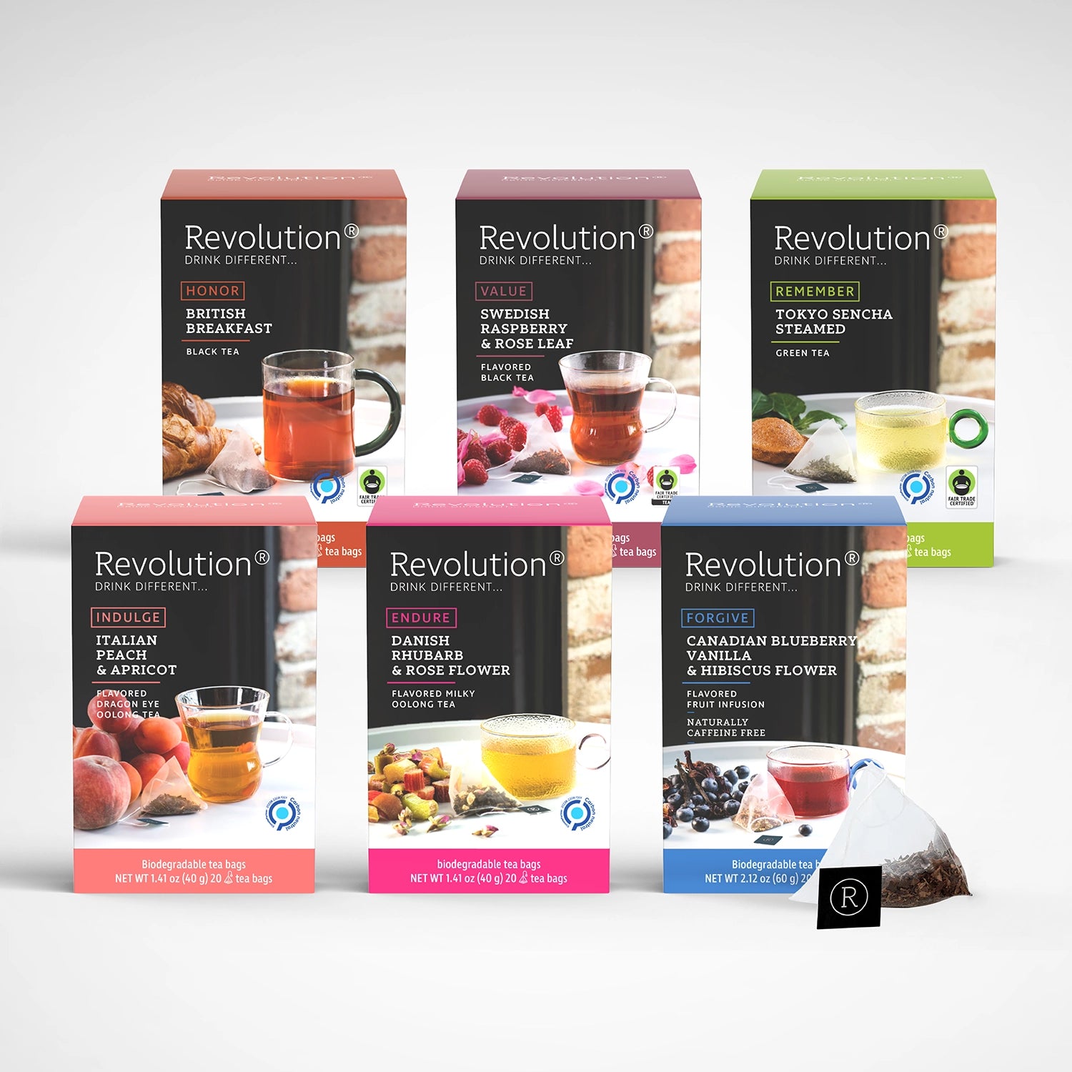 Six diverse tea boxes in a grid, featuring flavors such as Tokyo Sencha and Canadian Blueberry, with a tea bag.