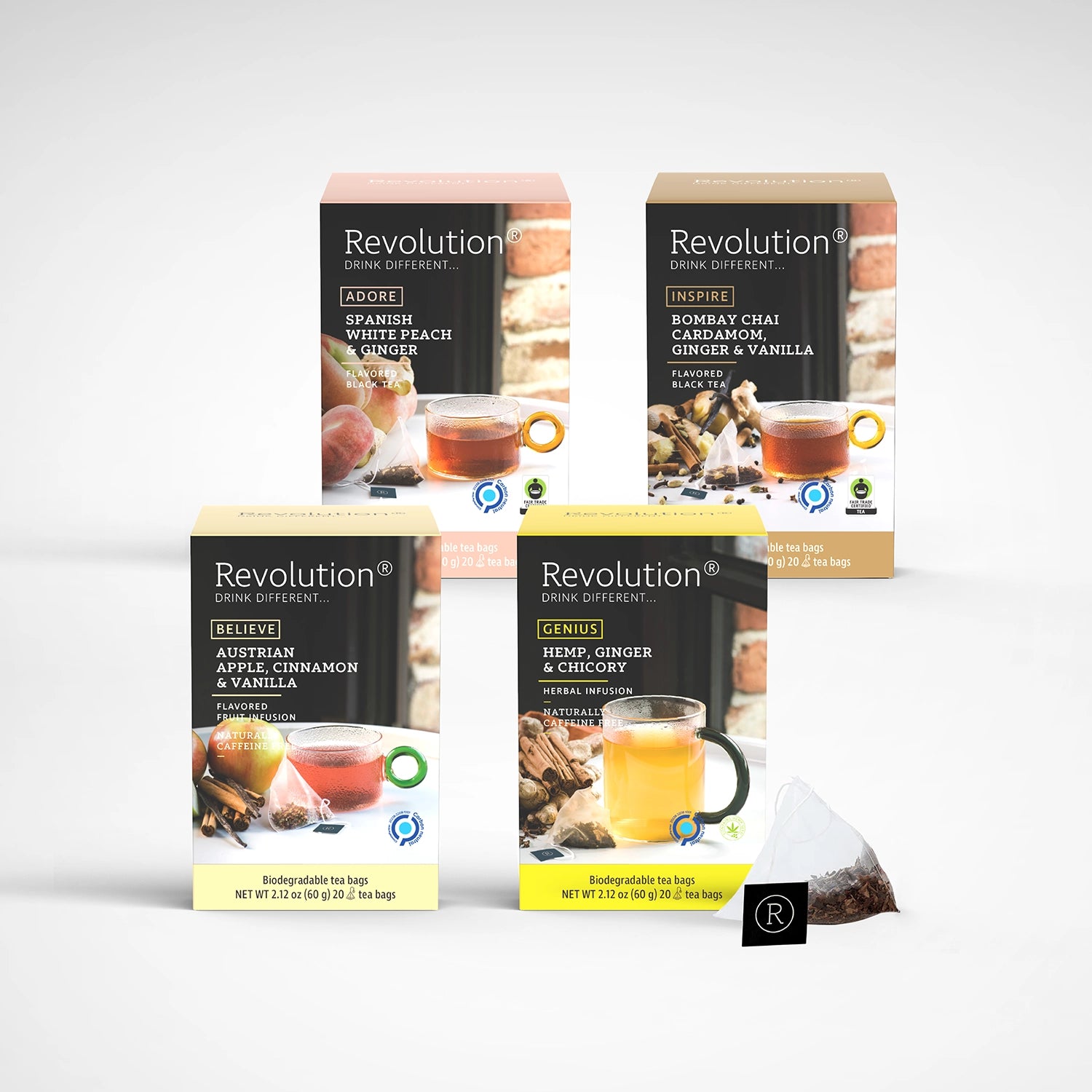Four boxes of spice-infused and chai tea flavors.