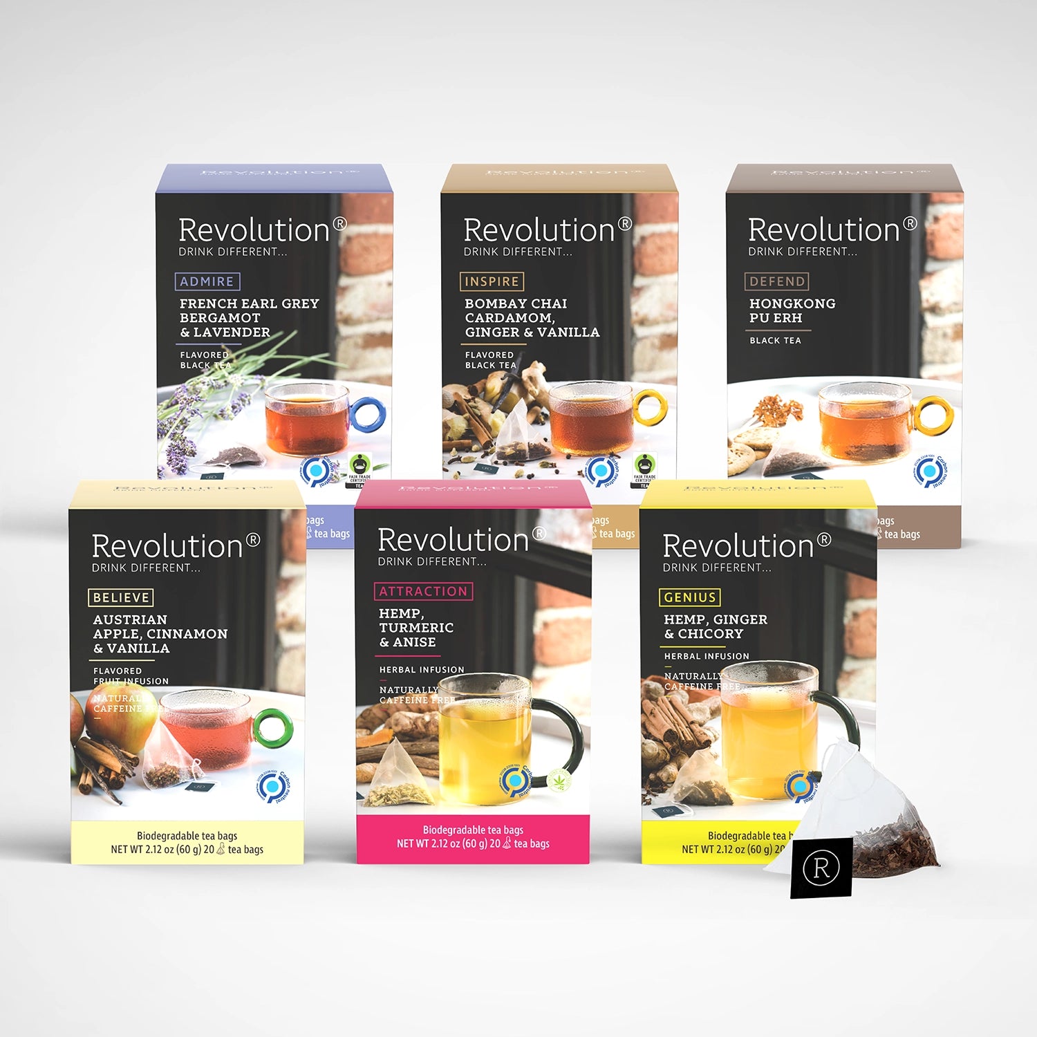 Six boxes of black tea blends, including chai and Earl Grey.