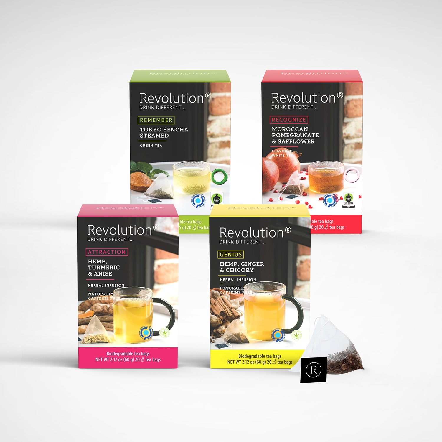 Four tea boxes with glass cup graphics and a transparent tea bag.