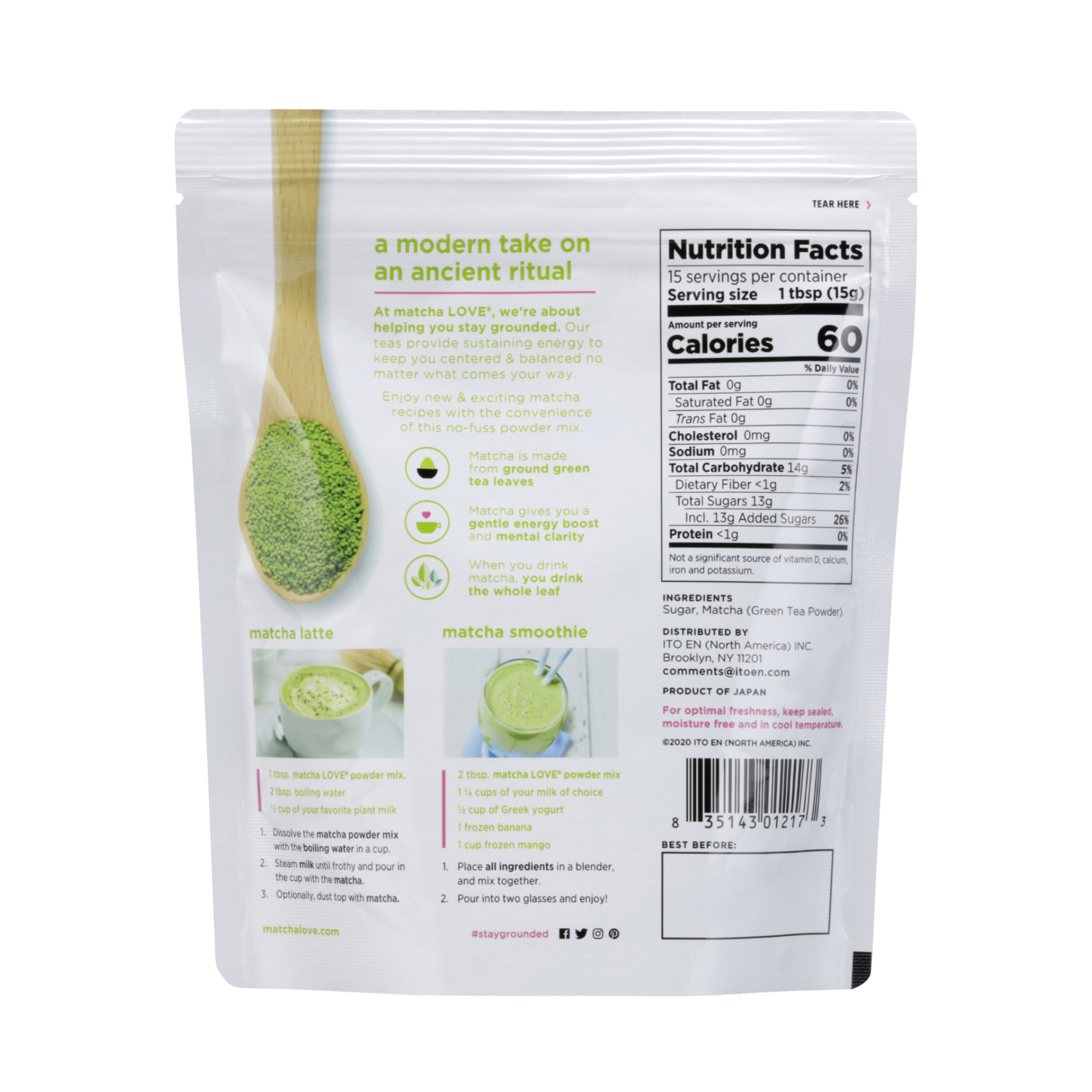 Back of matcha packet with spoon of powder and nutrition facts.