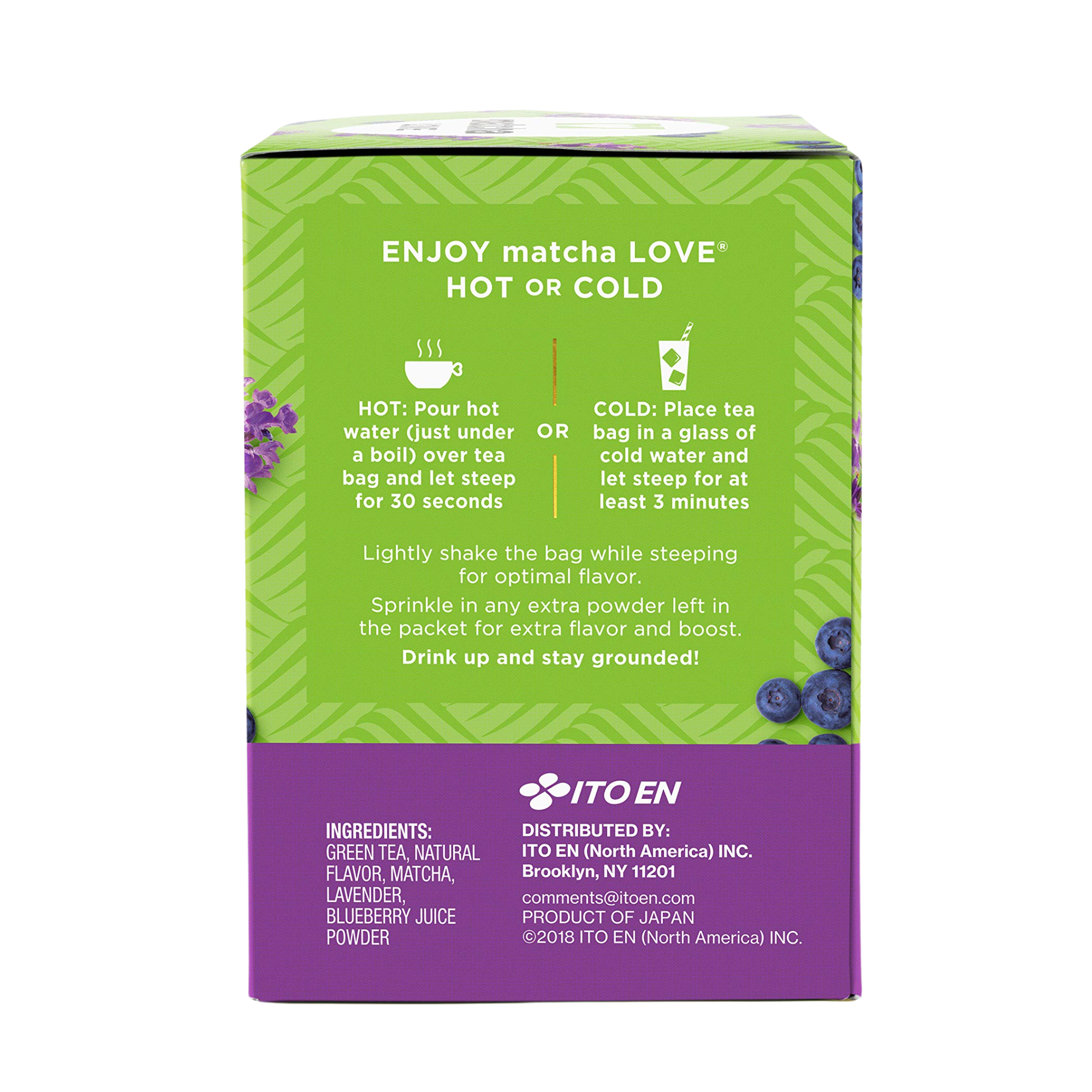 Instructions and ingredients for hot or cold blueberry lavender matcha tea.