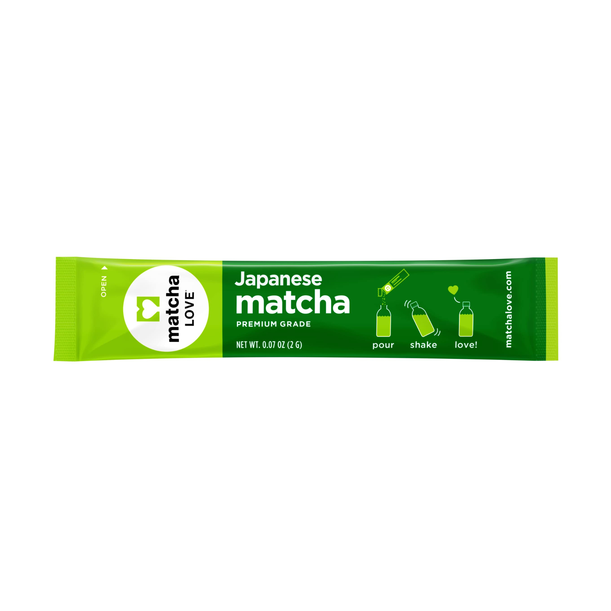 Green matcha stick packet labeled 'Japanese matcha', with icons: pour, shake, love.