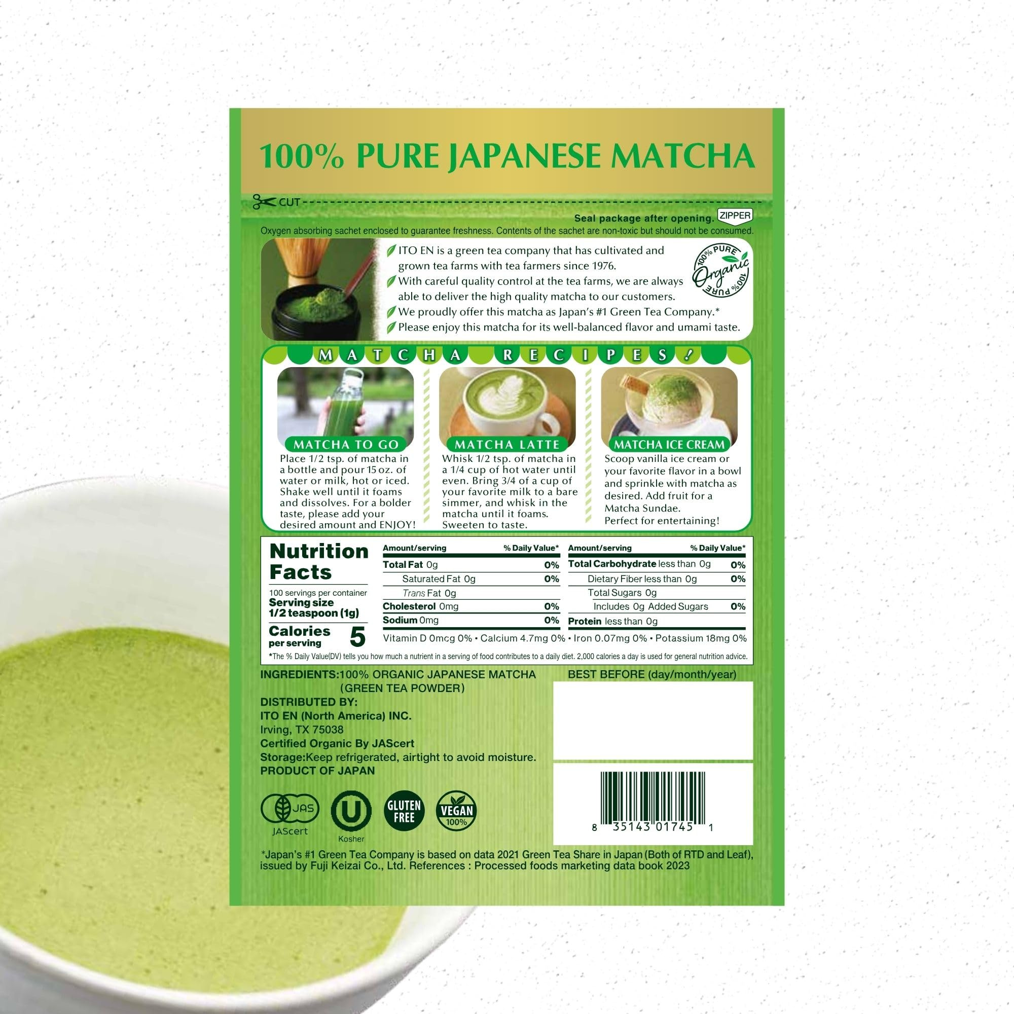 100% pure matcha pack with instructions and nutritional information displayed on back.
