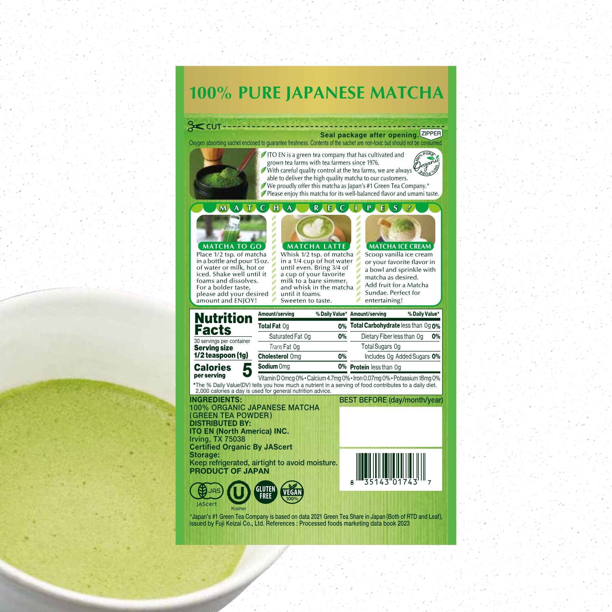 Japanese matcha pack with preparation tips and nutritional facts on back; matcha cup included.