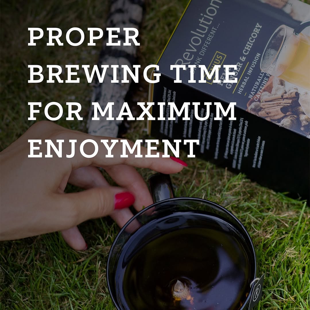 Hand with red nails holding black cup. Text: Proper brewing time for maximum enjoyment
