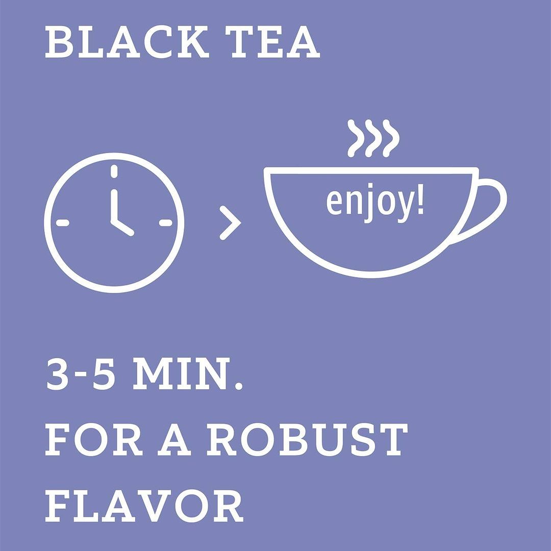 Purple background with cup icon. Text: Black tea 3-5 min. for a robust flavor