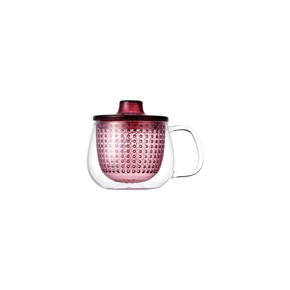 Clear glass mug with handle, featuring a textured red lid and infuser.