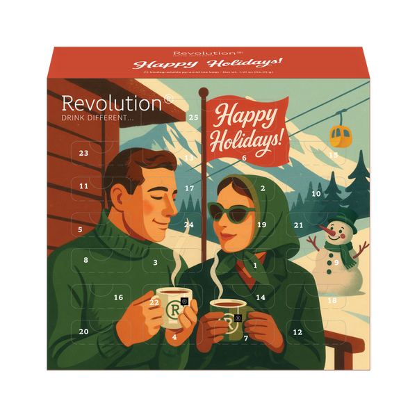 Advent calendar showing an illustrated couple in winter attire, decorated with Happy Holidays.