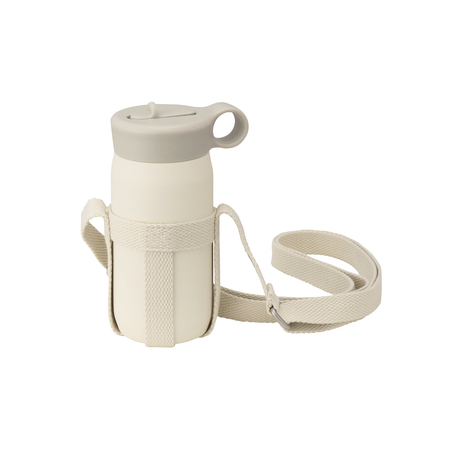White water bottle with a beige strap and lid on a white background.