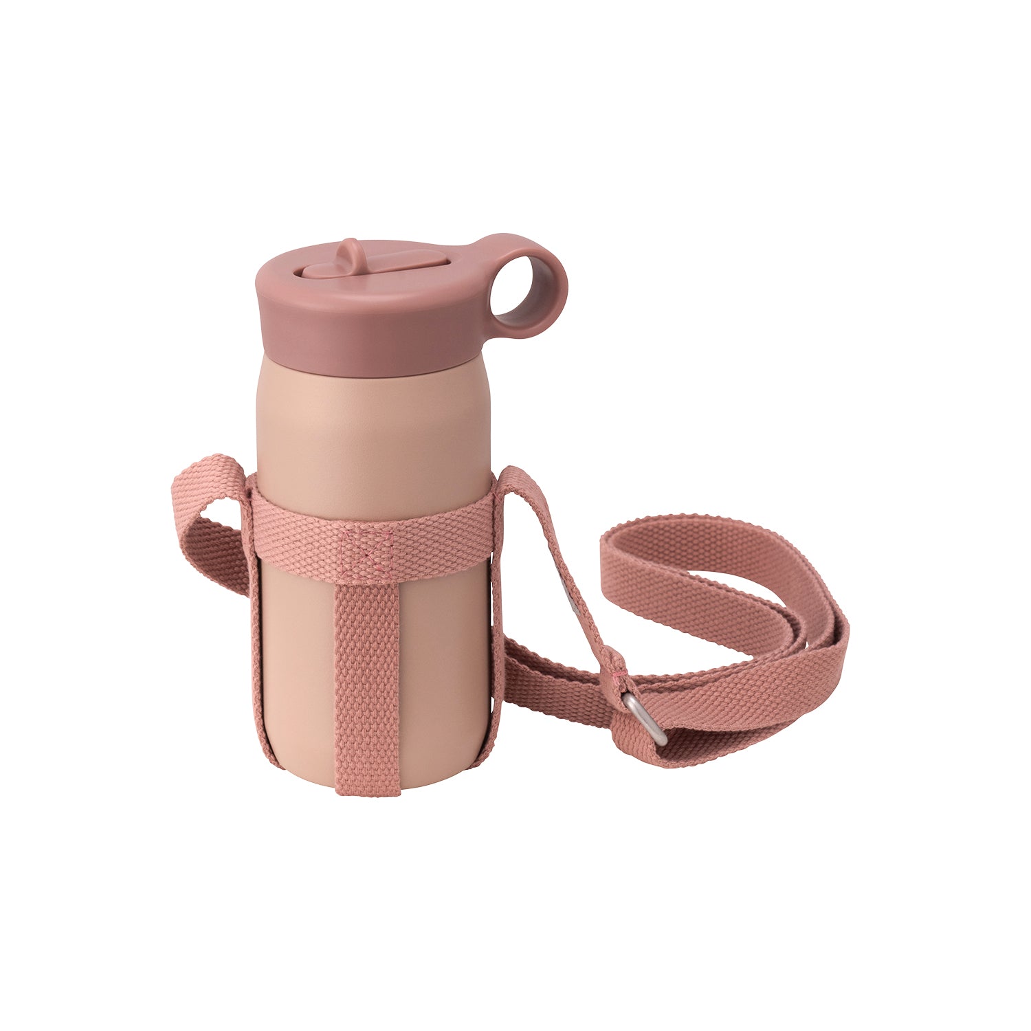 Pink matte water bottle with a removable strap and flip straw lid.