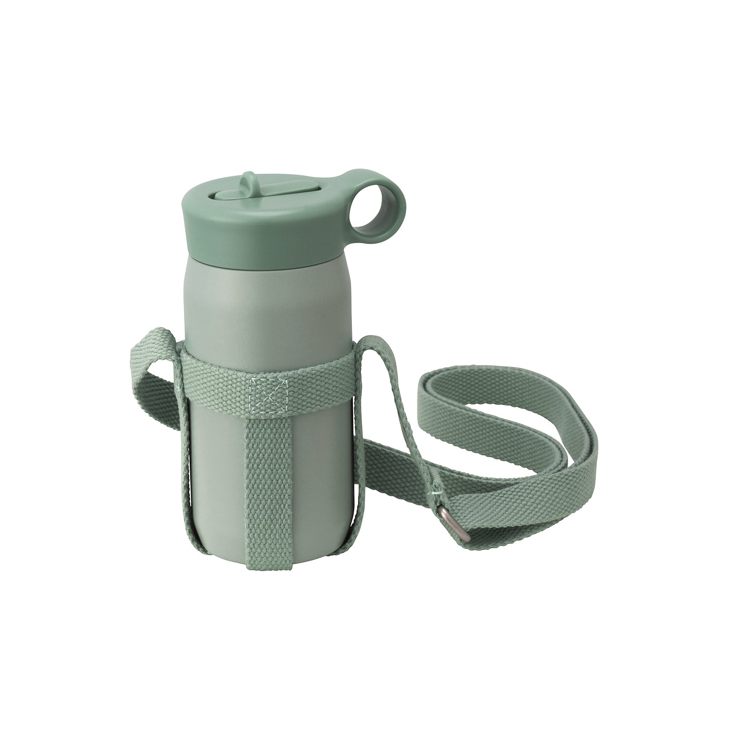 Green matte water bottle with a long carrying strap and flip straw lid.