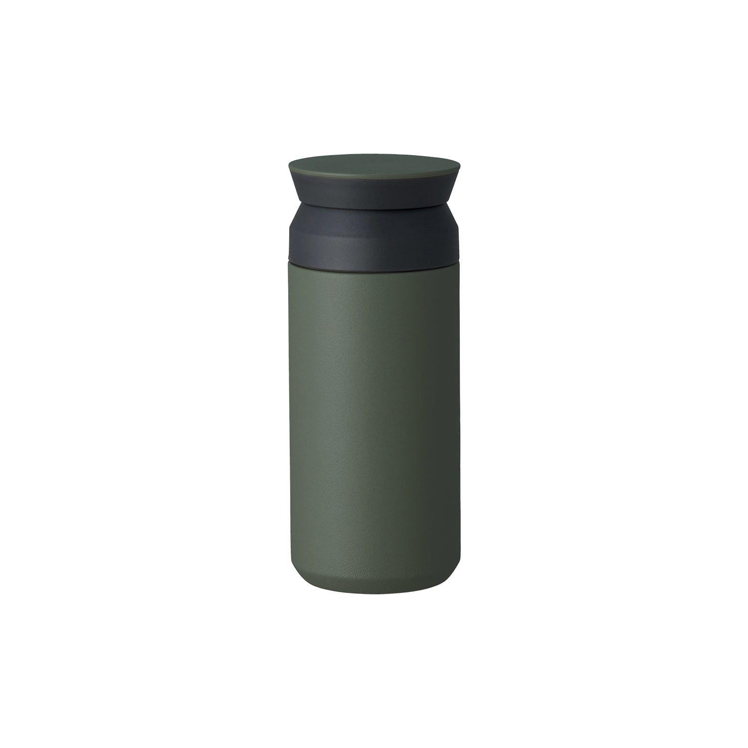 Olive green travel mug with a dark gray lid, matte finish, standing upright.