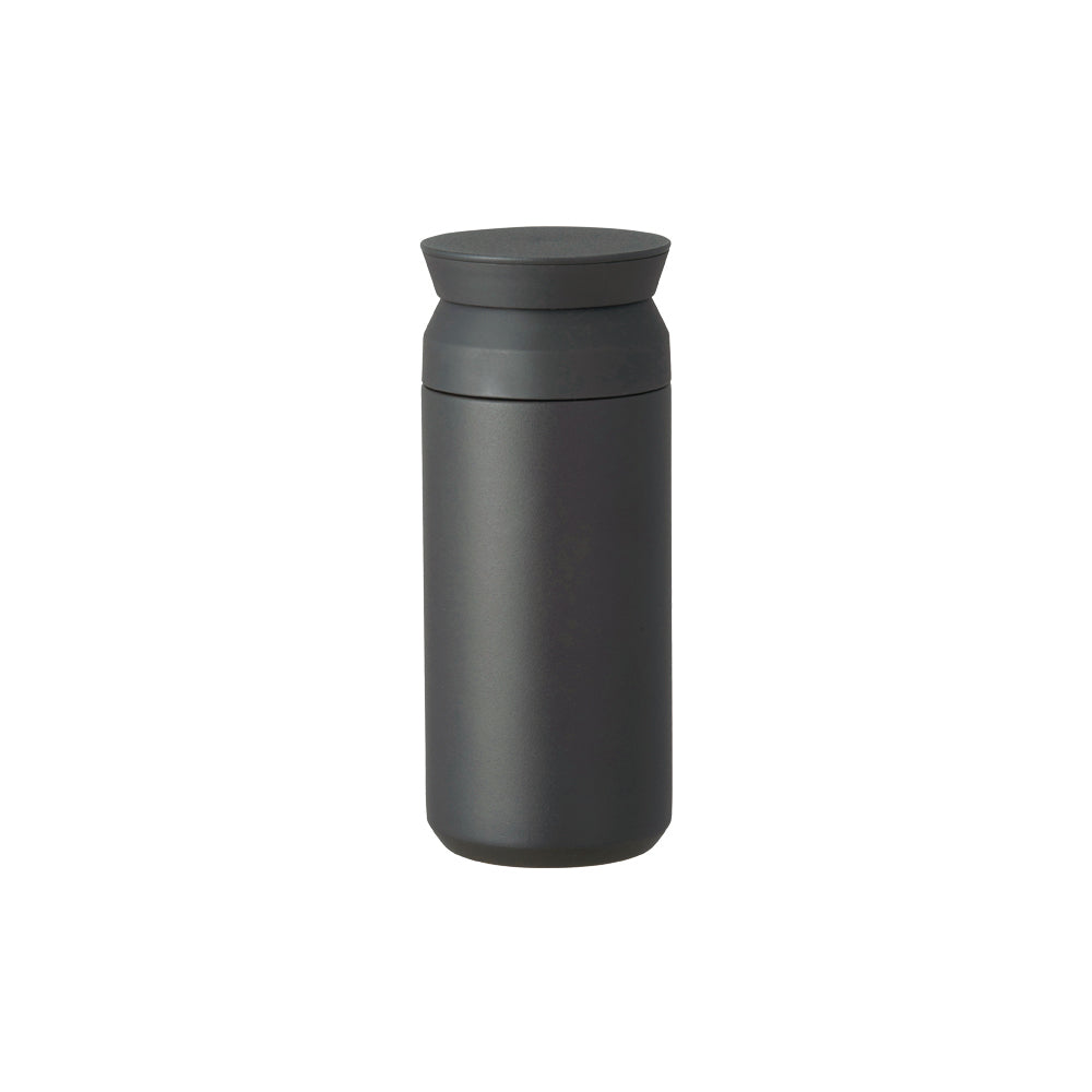 Black travel mug with a matching lid, matte finish, standing upright.